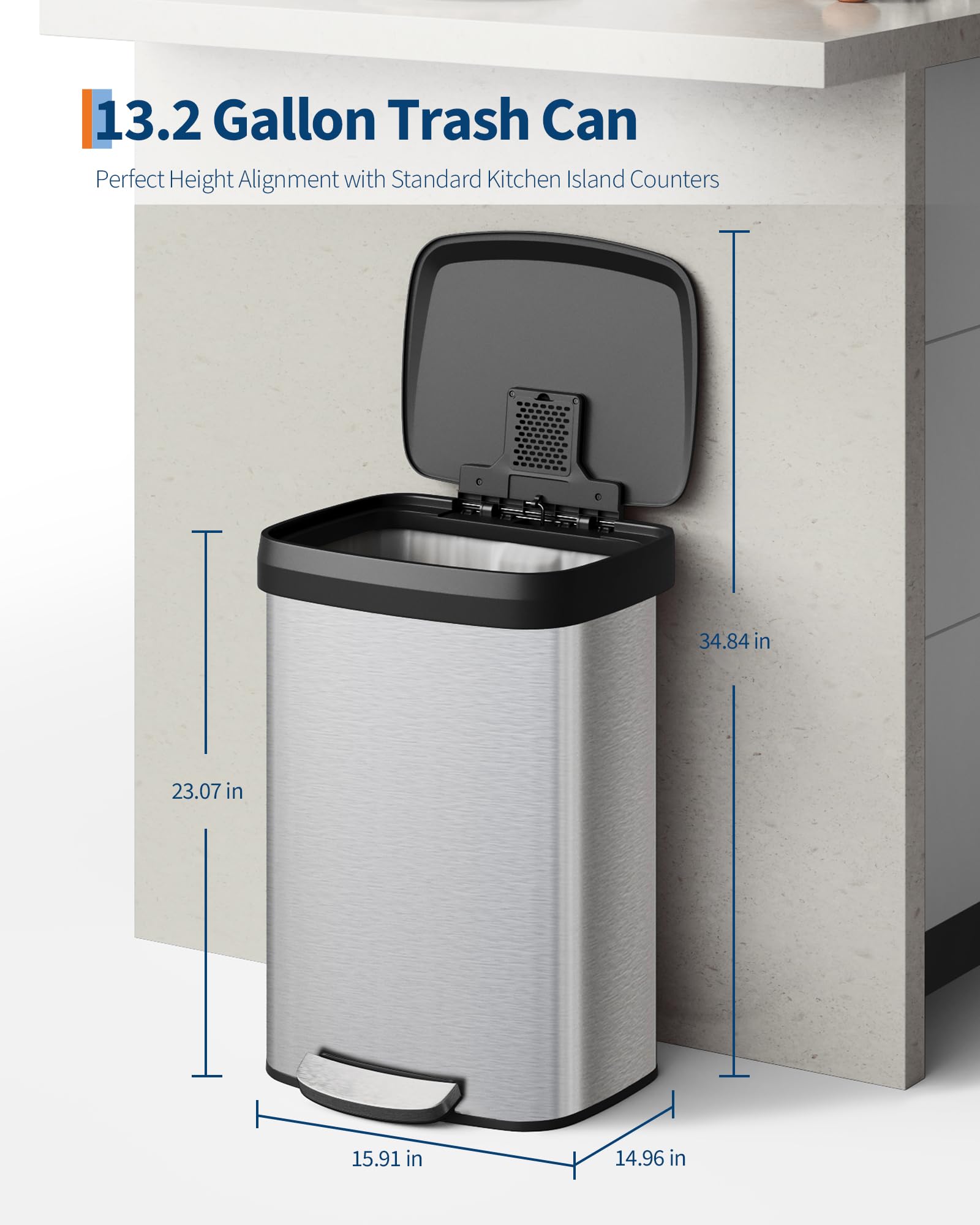 13 gal 50 L Stainless Steel Trash Can with Lid