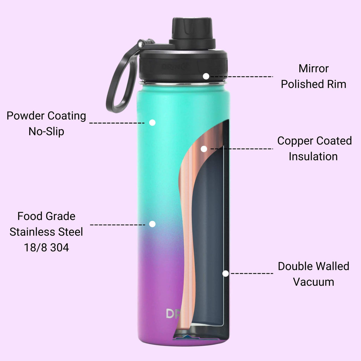 Stainless Steel Water Bottle Spout Lid Vacuum Insulated Double Wall Water Bottle Wide Mouth