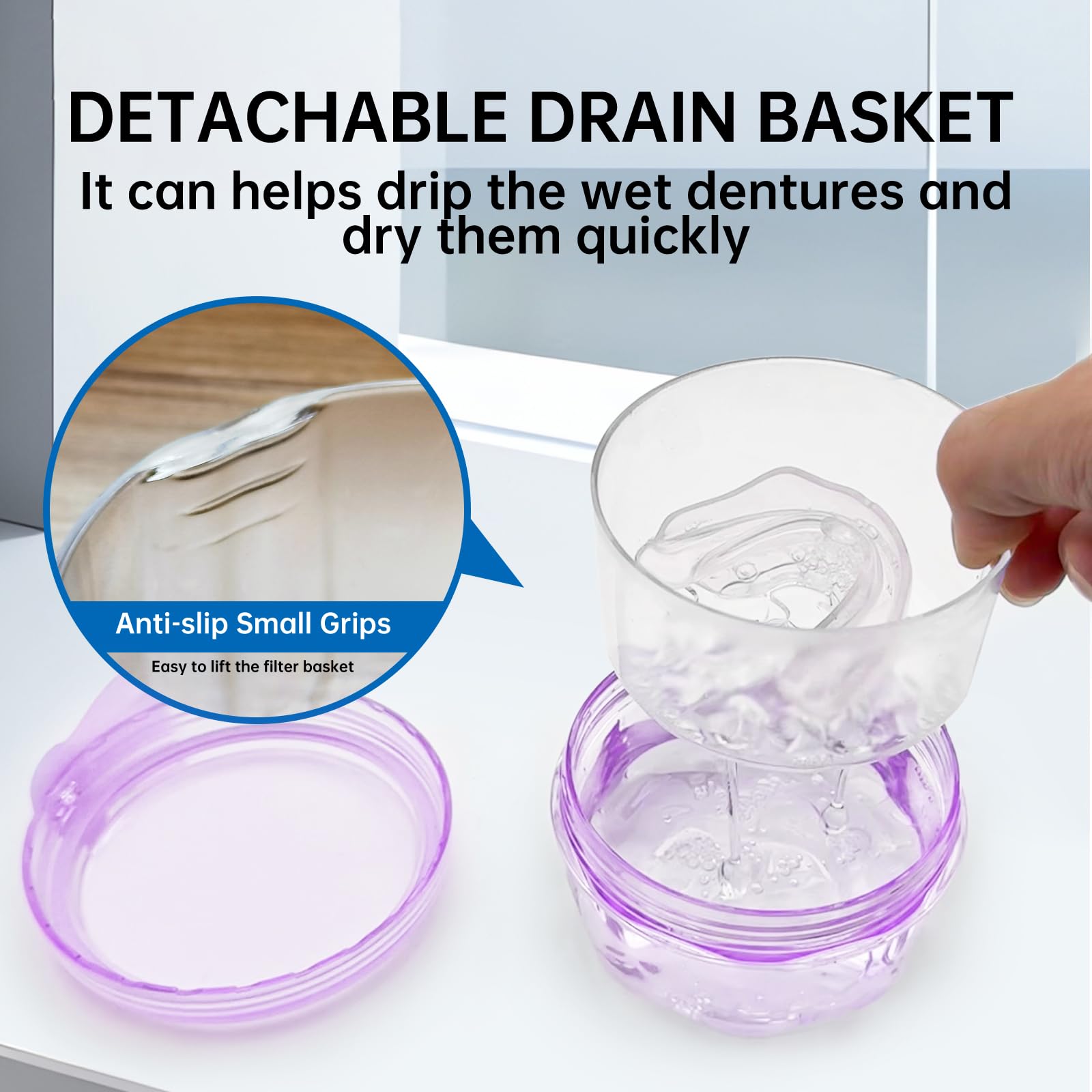 Leakproof Denture Case Purple Denture Soaking Cup with Strainer Basket