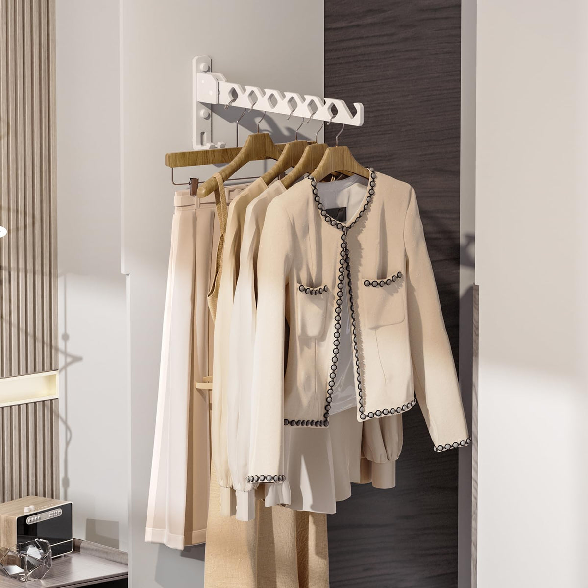 Wall Mount Coat Hanger Holder White Clothes Drying Organizer Rack Garment Hooks Aluminium Retractable Folding Indoor Wall Mounted Hanger for Laundry Room Bedroom White 2Pack with 80cm Rod