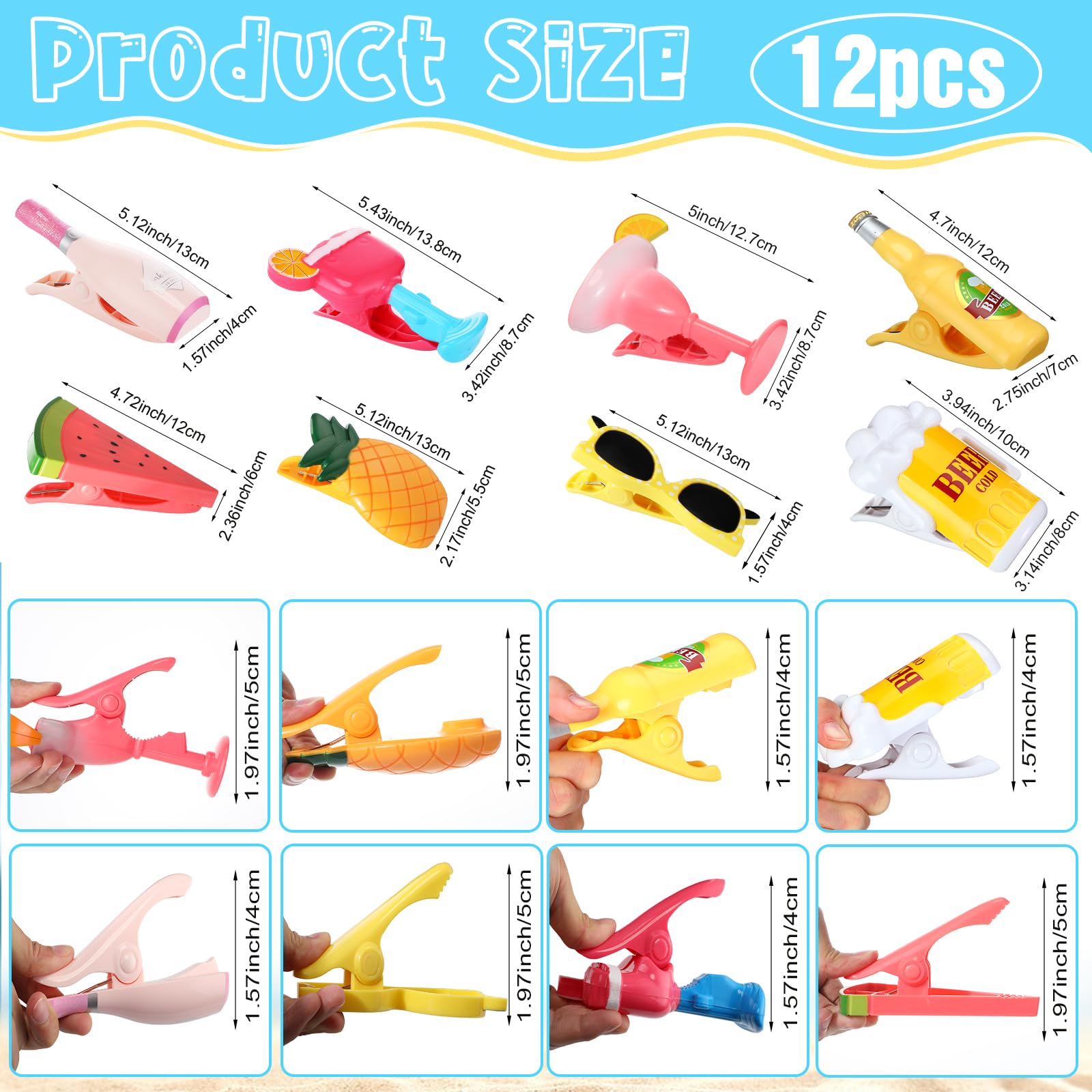 12 Pcs Beach Towel Clips Beach Chairs Clips Plastic Swimming Pool Towel Holders Jumbo Size Funny Clothespins for Patio Holiday Pool Blanket Decoration (12 Count)
