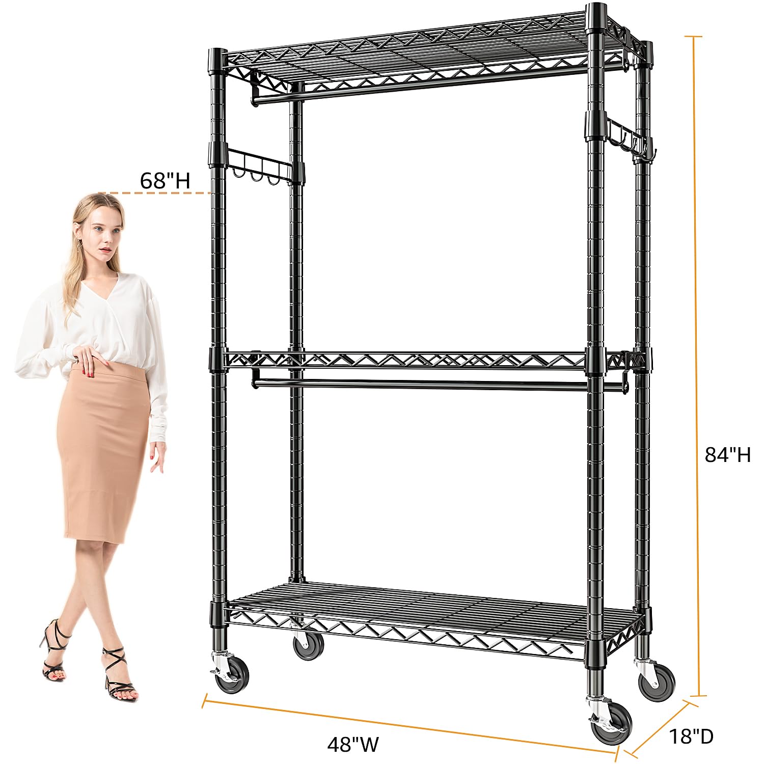 Heavy Duty Rolling Garment Rack 3 Tiers Adjustable Wire Shelving Clothes Rack with 2 Rods and Side Hooks
