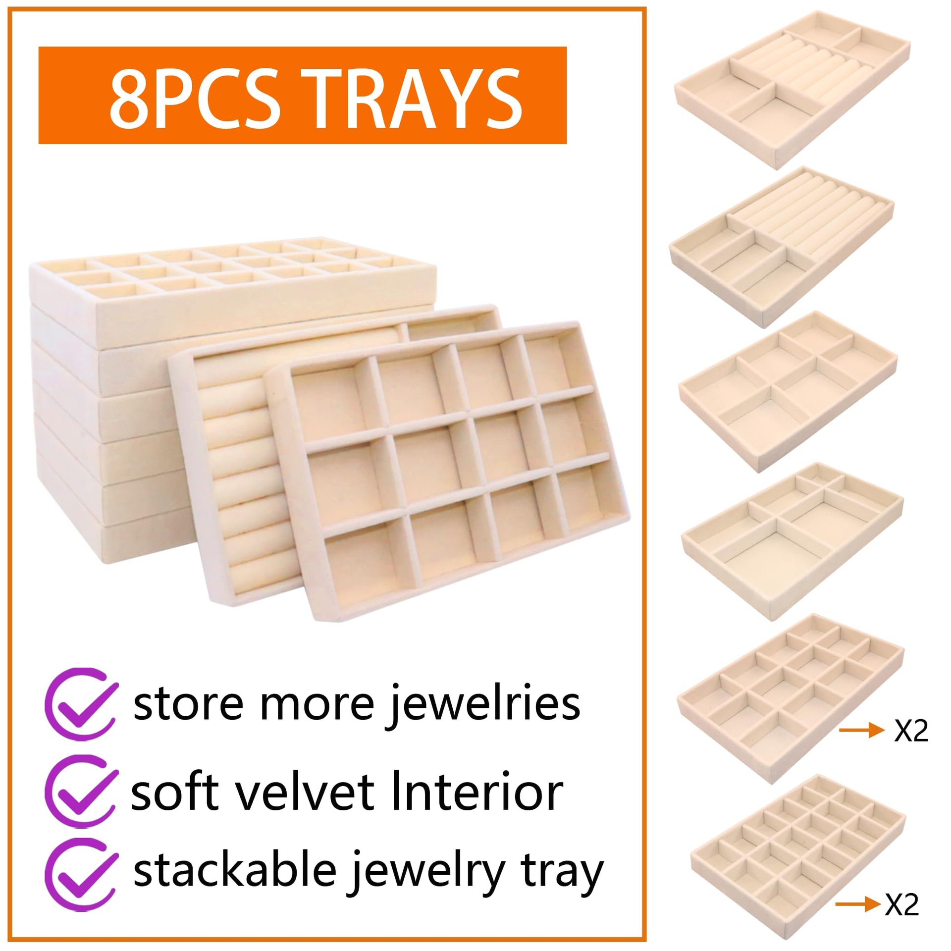 Jewelry Organizer Drawer 8 Set Jewelry Boxes Velvet Jewelry Drawer Organizer Stackable Jewelry Tray for Earring Necklace Display (8 Count)