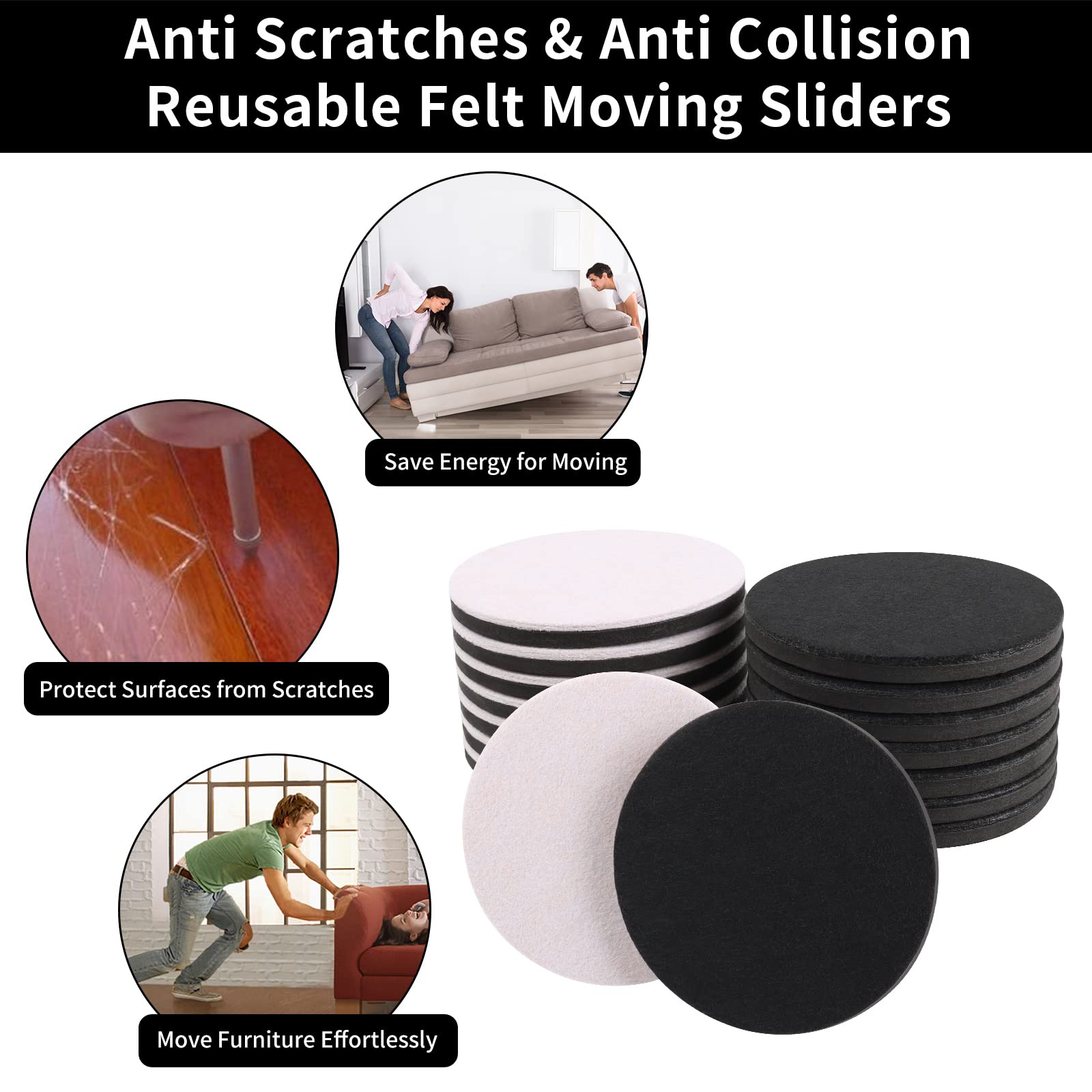 5" Round Felt Furniture Movers Sliders for Hardwood Floors (8 Count)