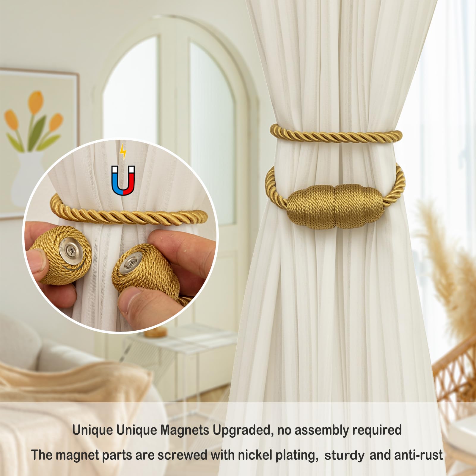 Magnetic Curtain Tiebacks Rope Curtain Tie Backs for Curtains 6 Pack Curtain Holders for Drapes Decorative Window Curtain Holdbacks (6 Count)