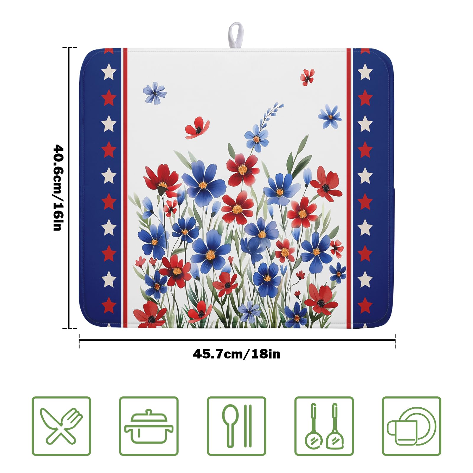 4th of July Dish Drying Mats for Kitchen Counter Patriotic Star Microfiber Absorbent Dish Drainer Rack Mat Summer Floral Independence Day Protector Sinks Dishes Pad for Countertop Table Decor 16”x18”