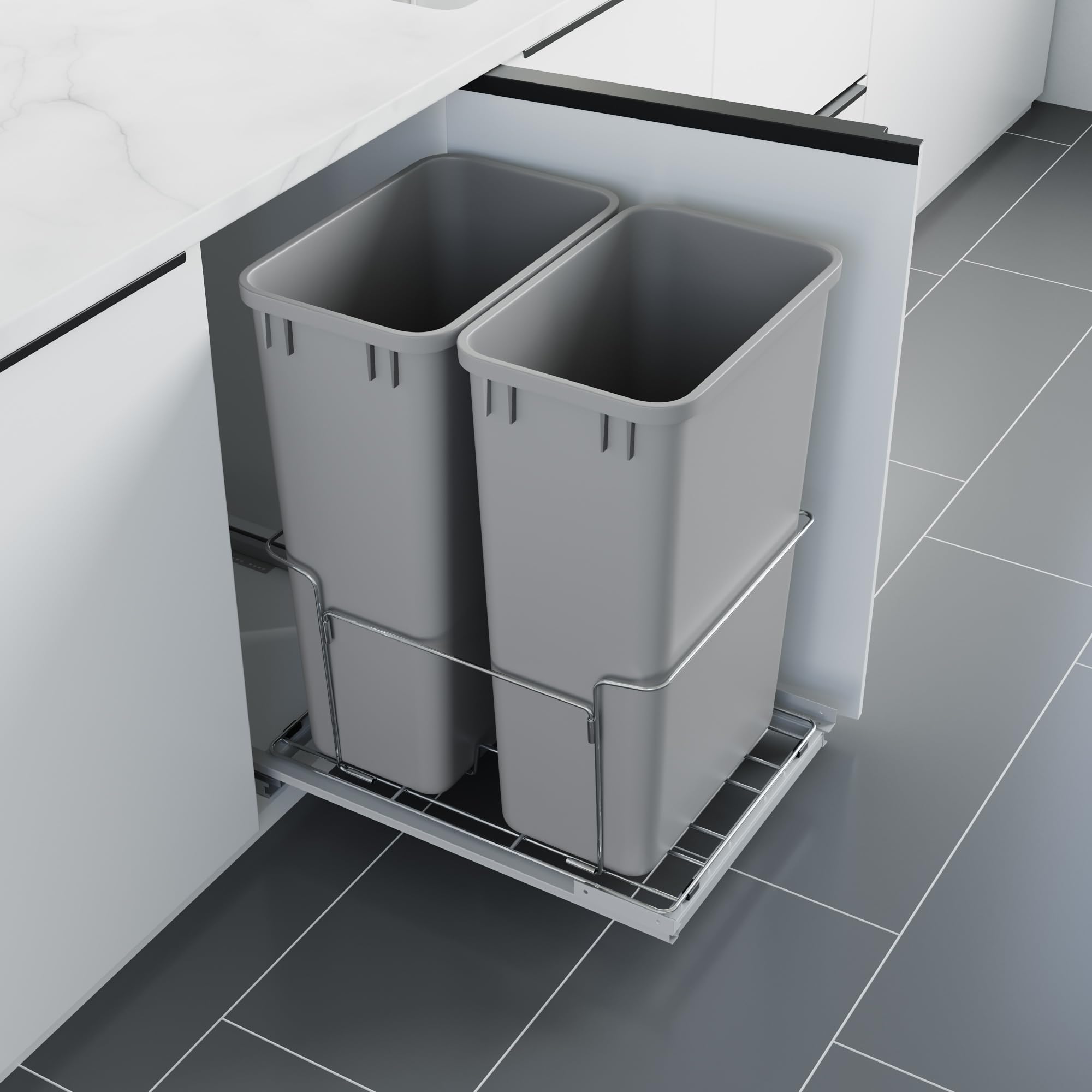 Dowell B18 Aluminum Base Wastebasket Pullout with Door Mount and Two 35Qt (2 Count)