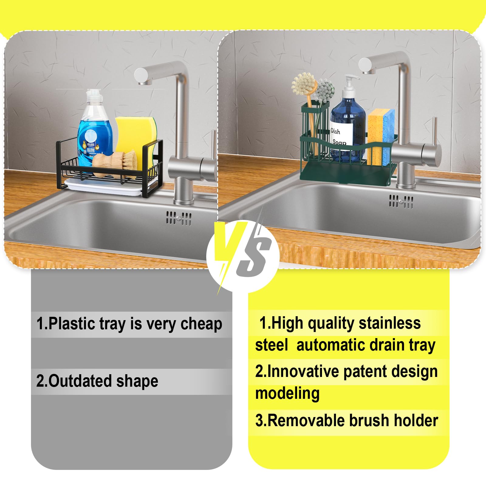 Maifan Sink Caddy Sponge Holder for Kitchen with Brush Holder and Stainless Steel Self Drain Tray