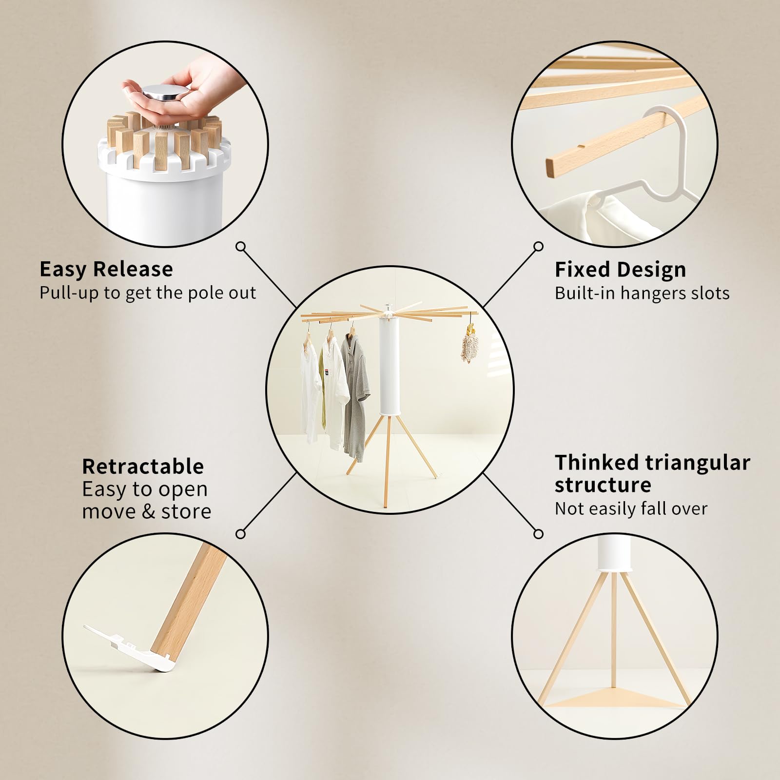 Foldable Clothes Drying Rack Tripod with Wooden 16 Rods