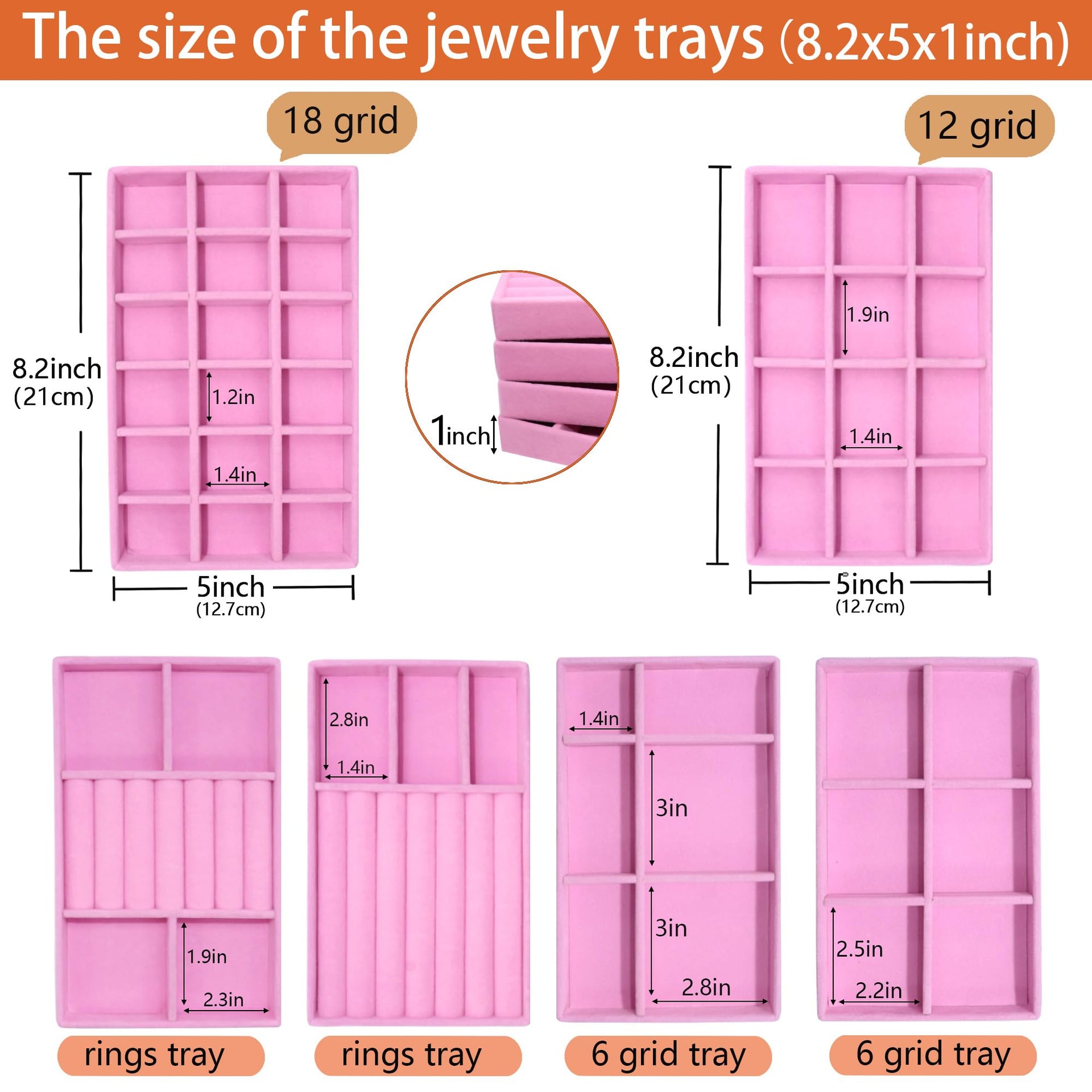 8 Pack Stackable Jewelry Trays Organizer Velvet Earring Organizer Jewelry Tray for Drawers Earring Holder Necklace Bracelet Ring Organizers (8 Count)