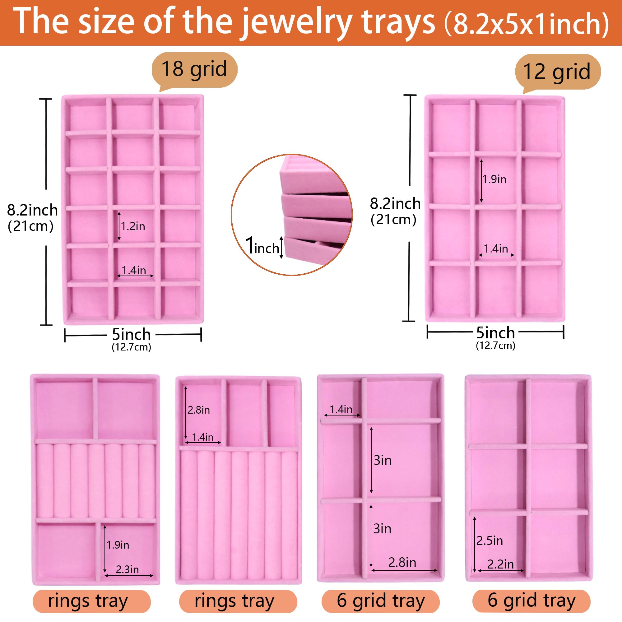 8 Pack Stackable Jewelry Trays Organizer Velvet Earring Organizer Jewelry Tray for Drawers Earring Holder Necklace Bracelet Ring Organizers (8 Count)