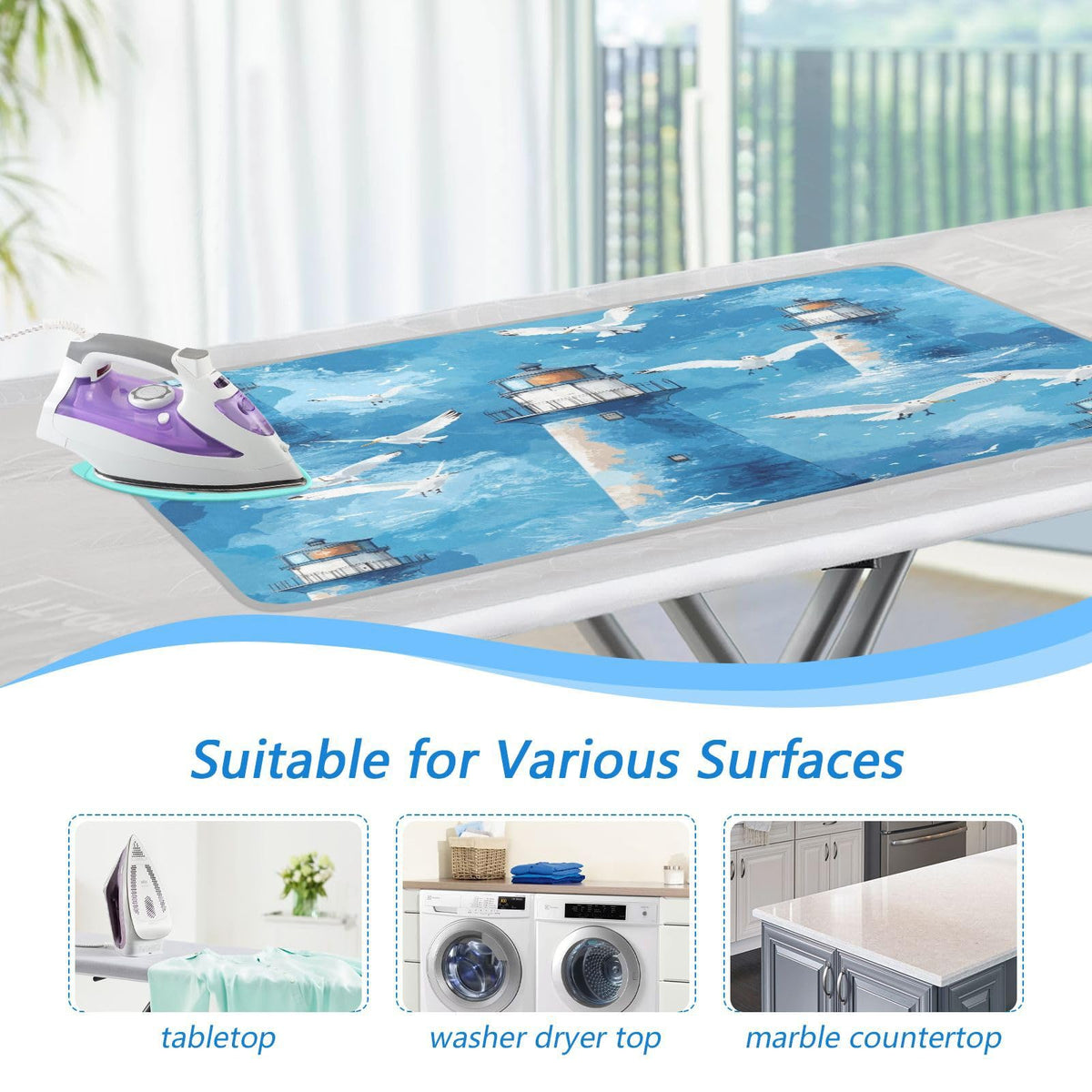 Watercolor Blue Lighthouses and Seagulls Ironing Mat Thickened Ironing Blanket Travel Portable Double