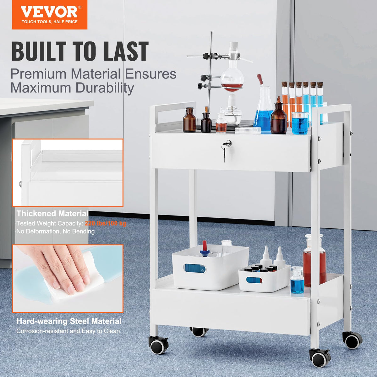Rolling Medical Cart with Lockable Drawer