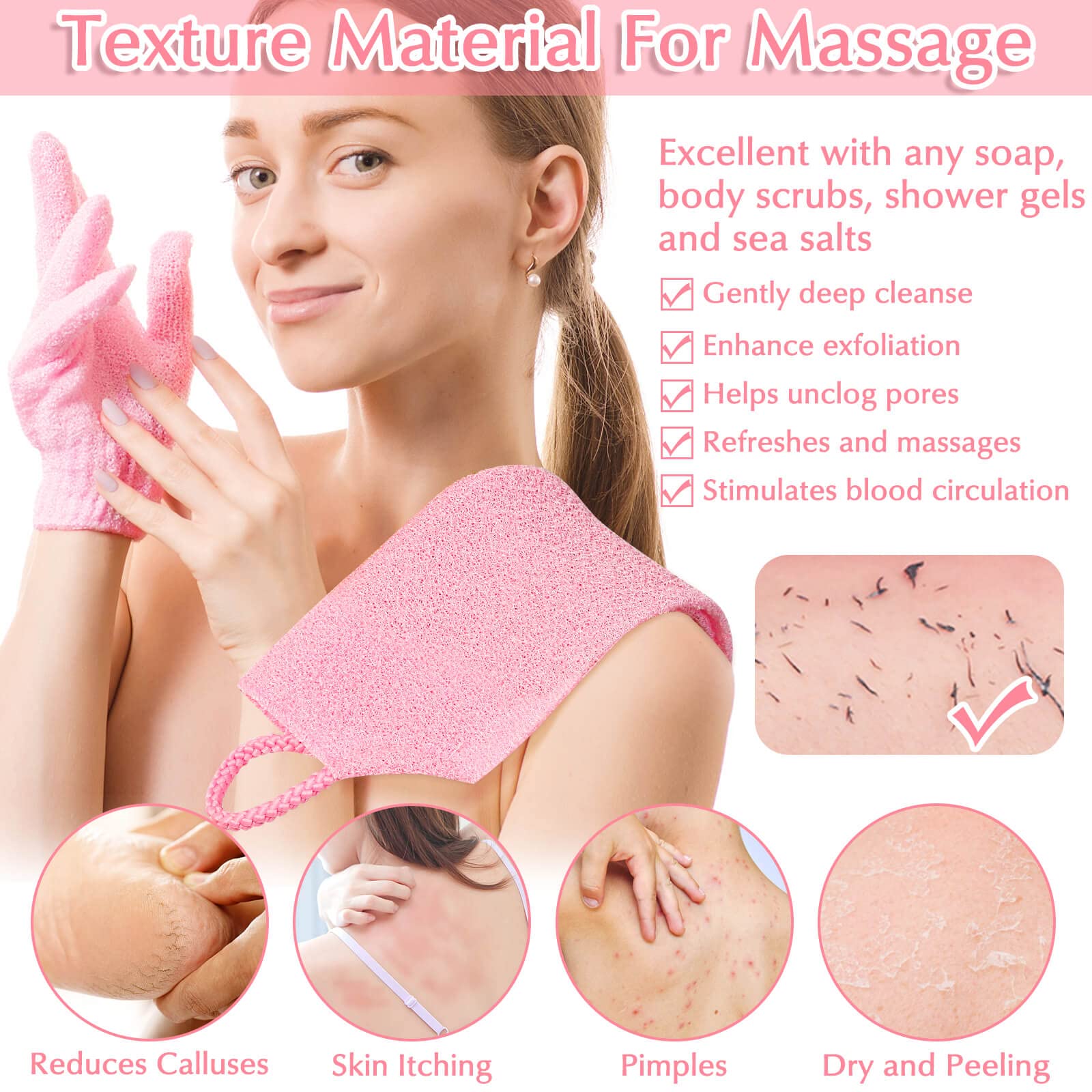 Exfoliating Shower Bath Gloves Back Scrubber Set for Body (3 Count)