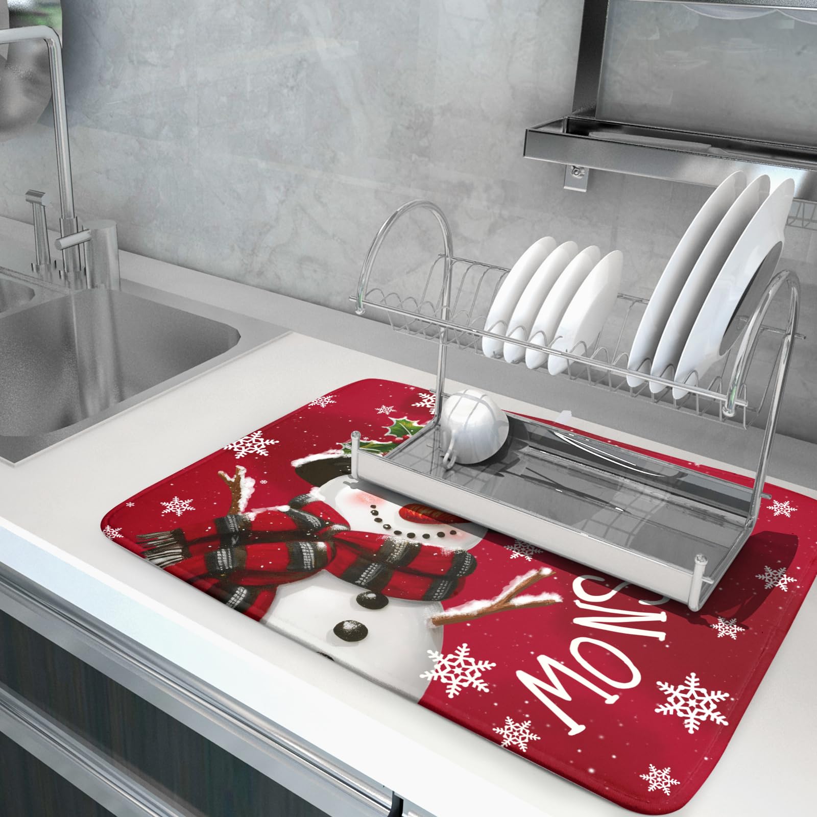 Merry Christmas Dish Drying Mat for Kitchen Counter 16x18 Inch Winter Snowman Dish Draining Mat Xmas Snowflakes Decorations Fast Absorbent Tableware Cardinal Birld Dishes Pad for Coffee Bar Countertop