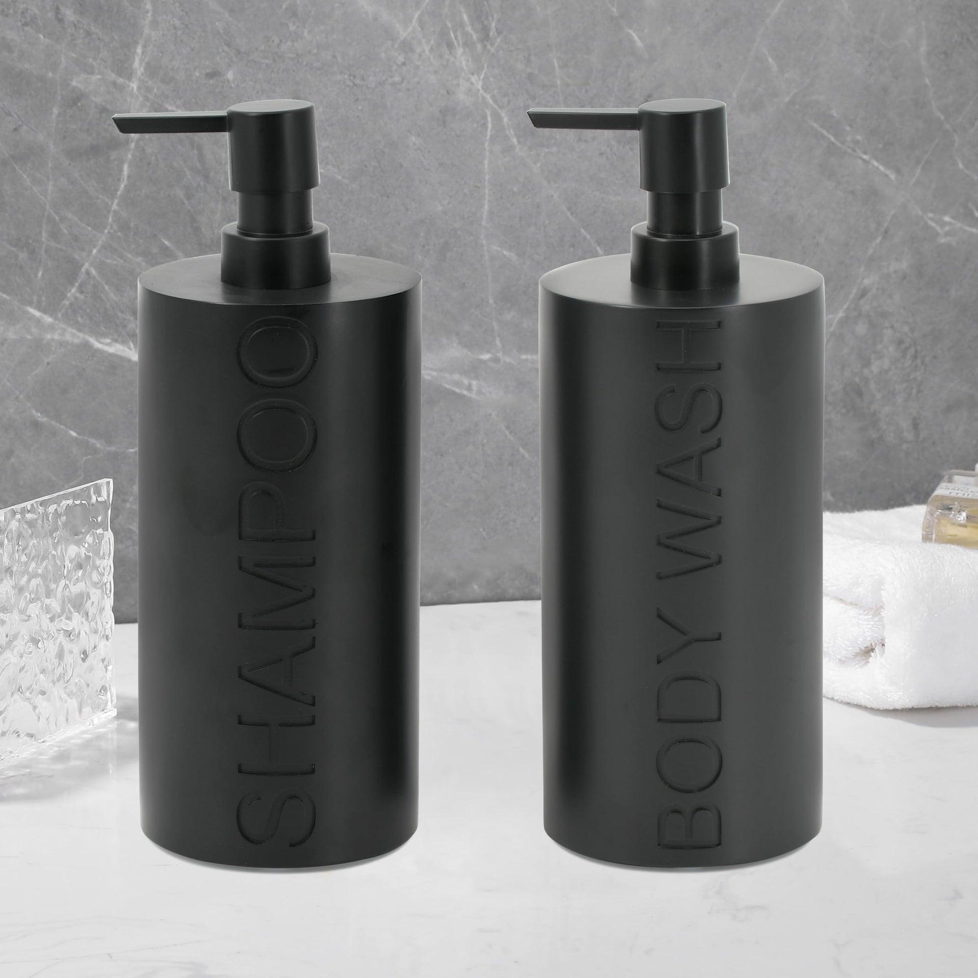 2 Pack Matte Black Resin Refillable Shampoo & Body Wash Bottles