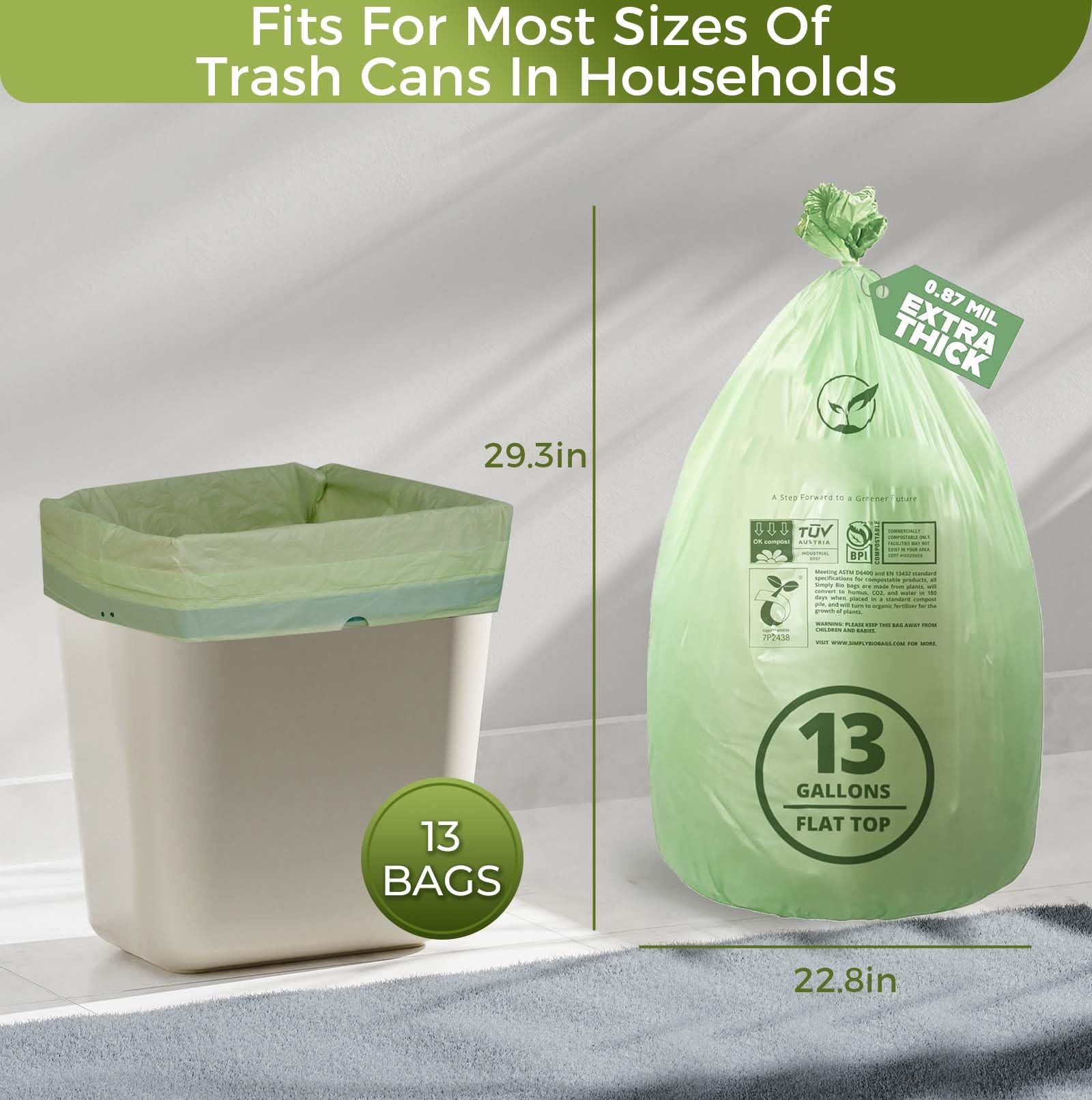 13 Gallon Compostable Trash Bags with Flat (50 Count)