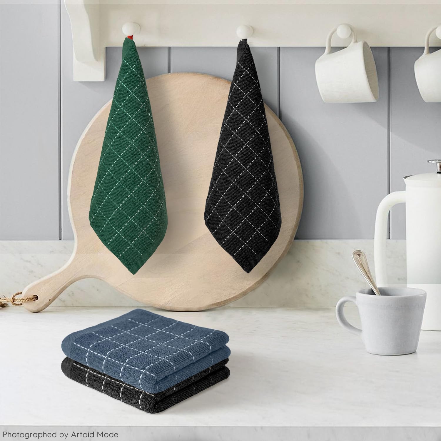 Checkered Designed Cotton Grey Black Green Terry Kitchen Dish Cloths (6 Count)