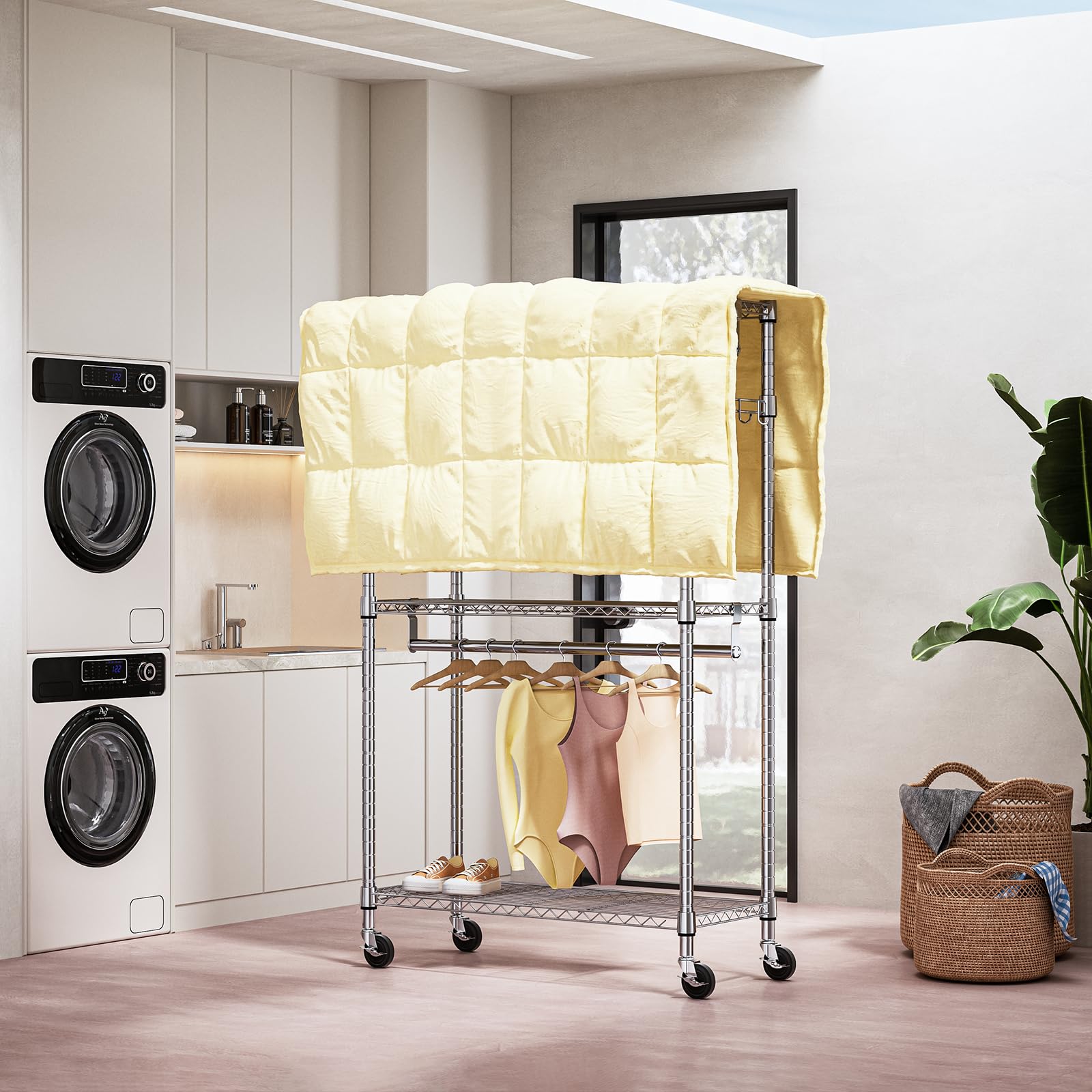 Heavy Duty Rolling Garment Rack 3 Tiers Adjustable Wire Shelving Clothes Rack with 2 Rods and Side Hooks