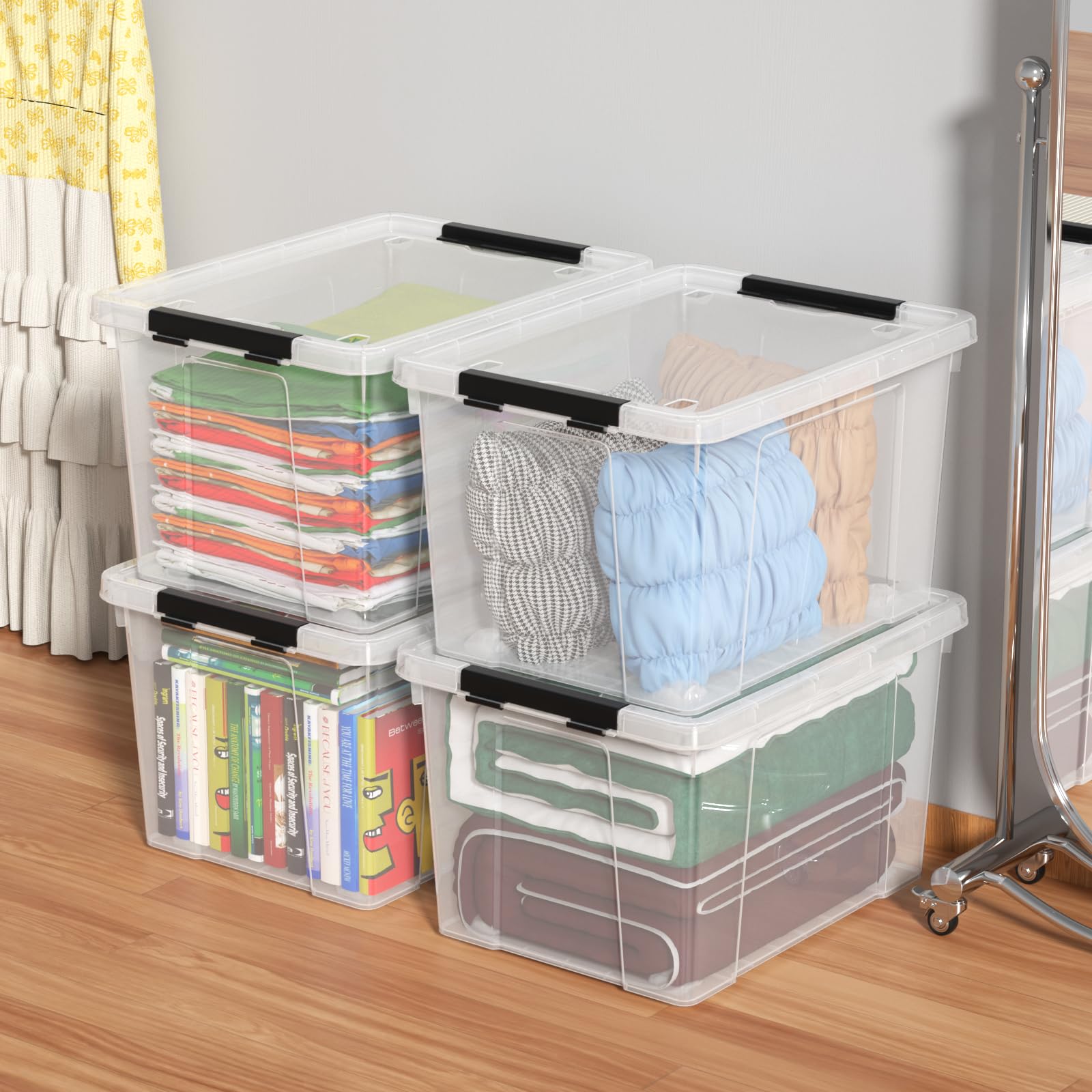 Set of 4 50 L Stackable Plastic Storage Container with Latching Lids and Wheels (4 Count)