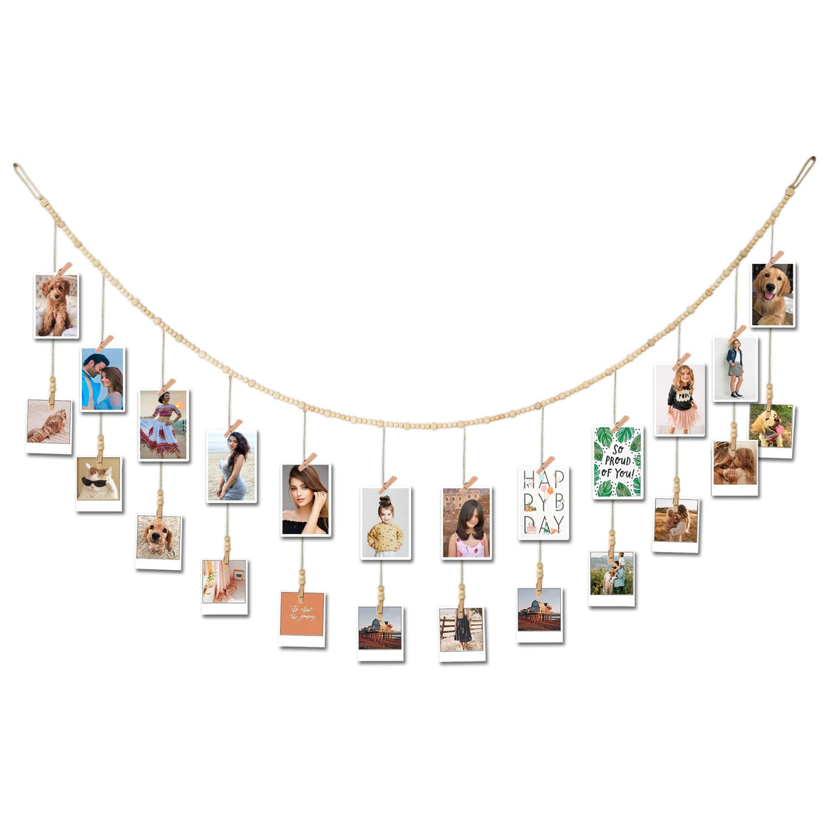 6 Feet Wooden Beads Garland with Clothespins Picture Cards Holder