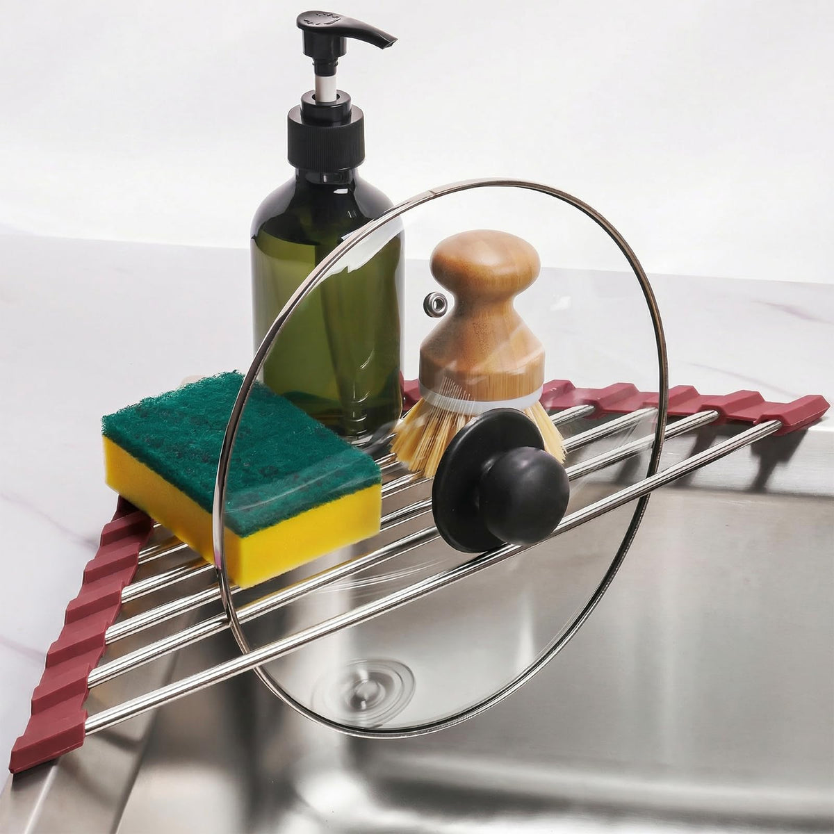 Triangle Roll Up Dish Drying Rack 304 Stainless Steel Wine Red