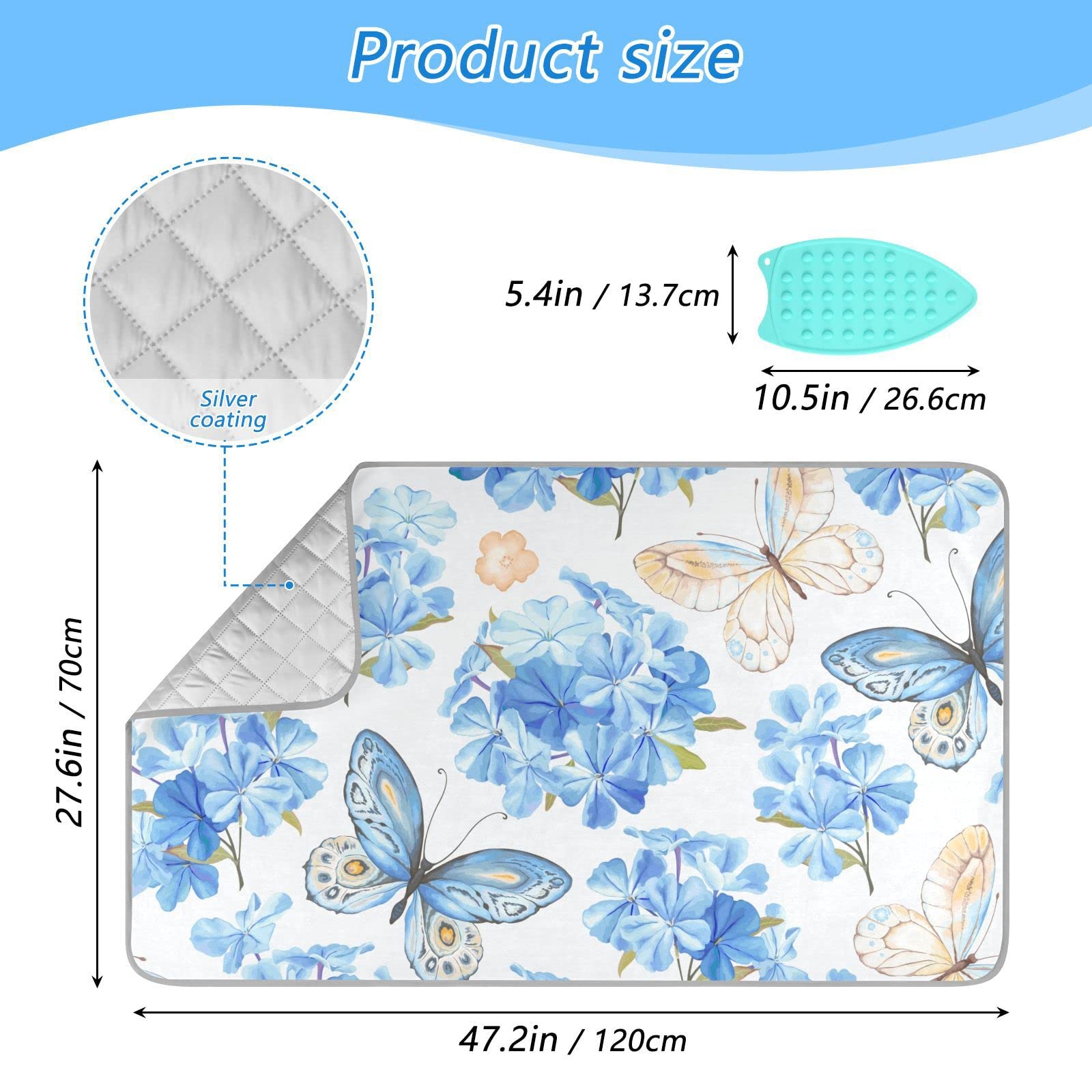 Blue Floral Butterfly Ironing Mat Portable Ironing Pad Blanket with Silicone Iron Rest for Table Top Travel Heat Resistant Double