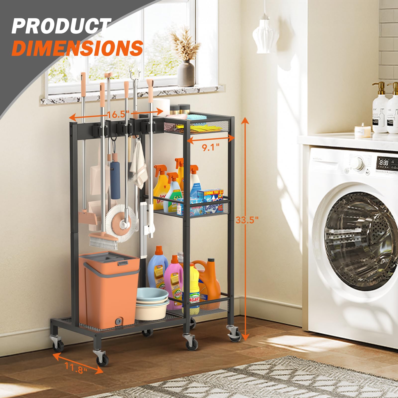 Broom Holder with Cleaning Supplies Organizer