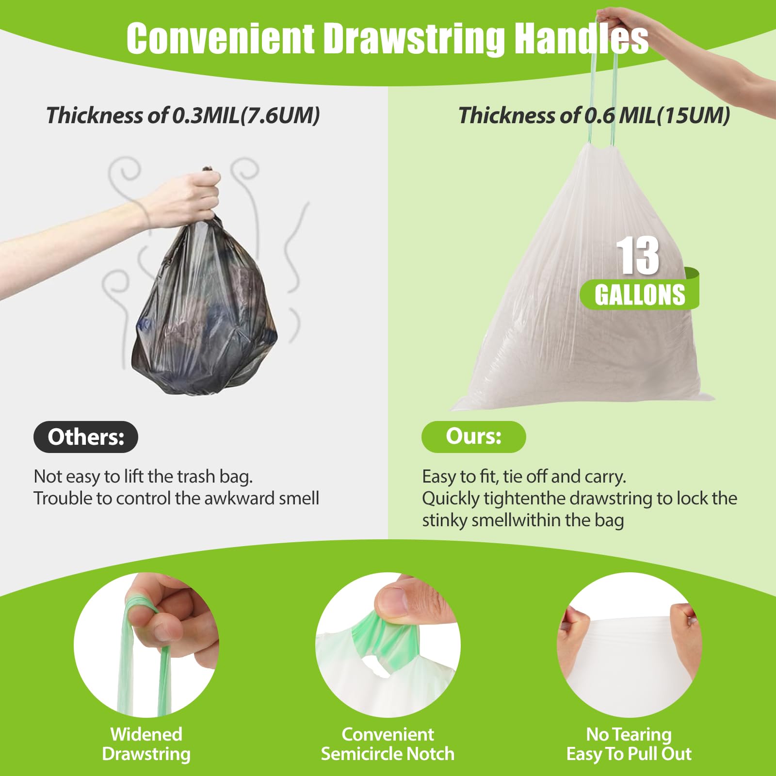 Large Trash Bags 13 Gallon Tall Drawstring 100% Post (300 Count)
