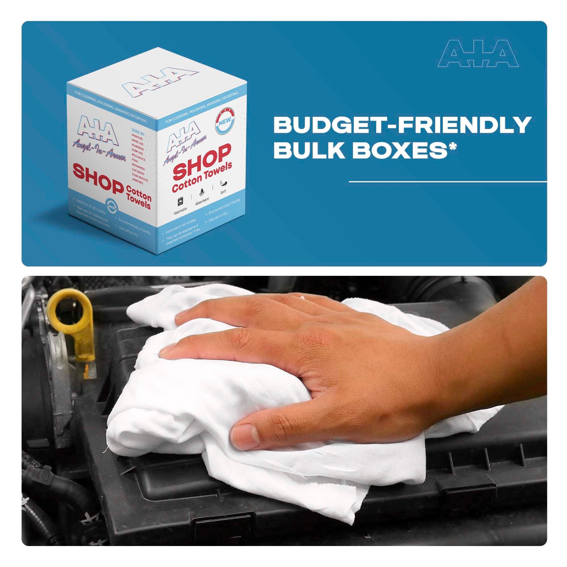 Angel-in-Armor Shop Towels (14”x14”) – 1000 Unit Box of Lint-Free Cotton Shop Towel Cleaning Rags – Durable Shop Rags for Auto, Garage, Industrial, and Commercial Use (1000 Count)