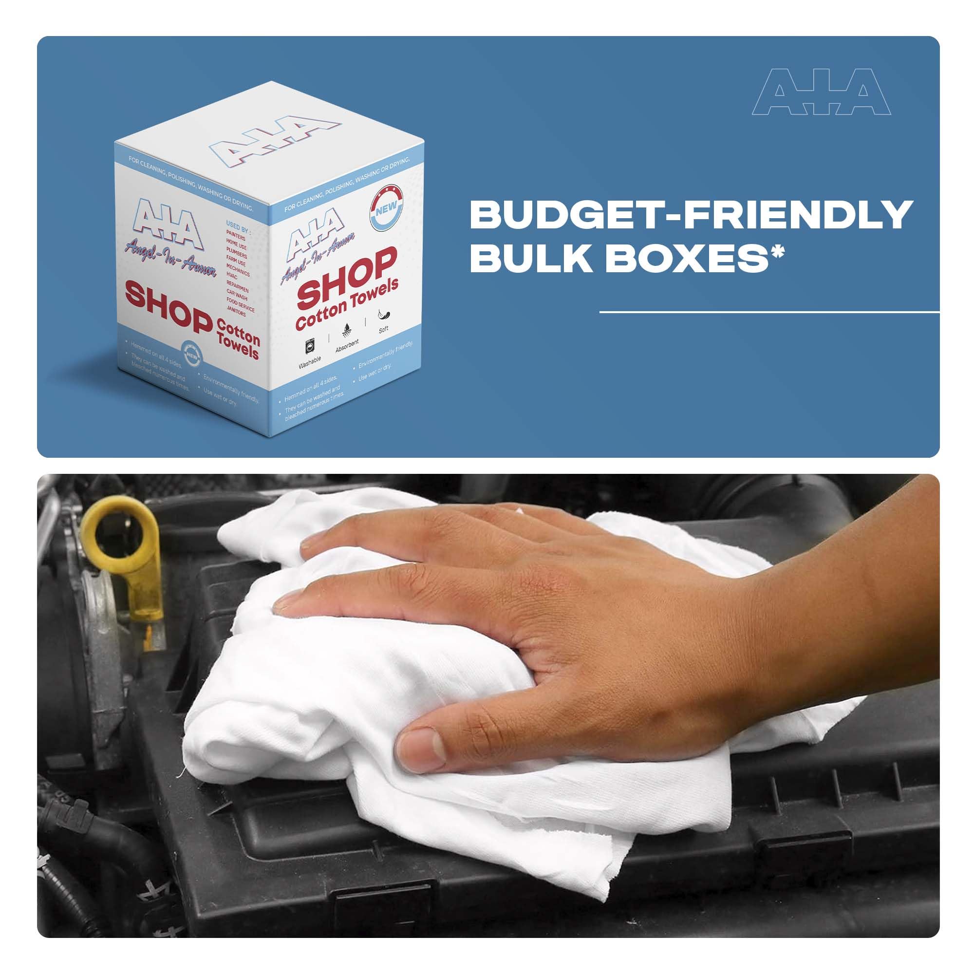 Angel-in-Armor Shop Towels (14”x14”) – 150 Unit Box of Lint-Free Cotton Shop Towel Cleaning Rags – Durable Shop Rags for Auto, Garage, Industrial, and Commercial Use (150 Count)
