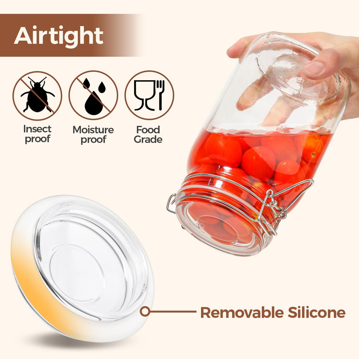 Square Glass Jars with Airtight Lids 51 oz 3 Pack Wide Mouth (3 Count)