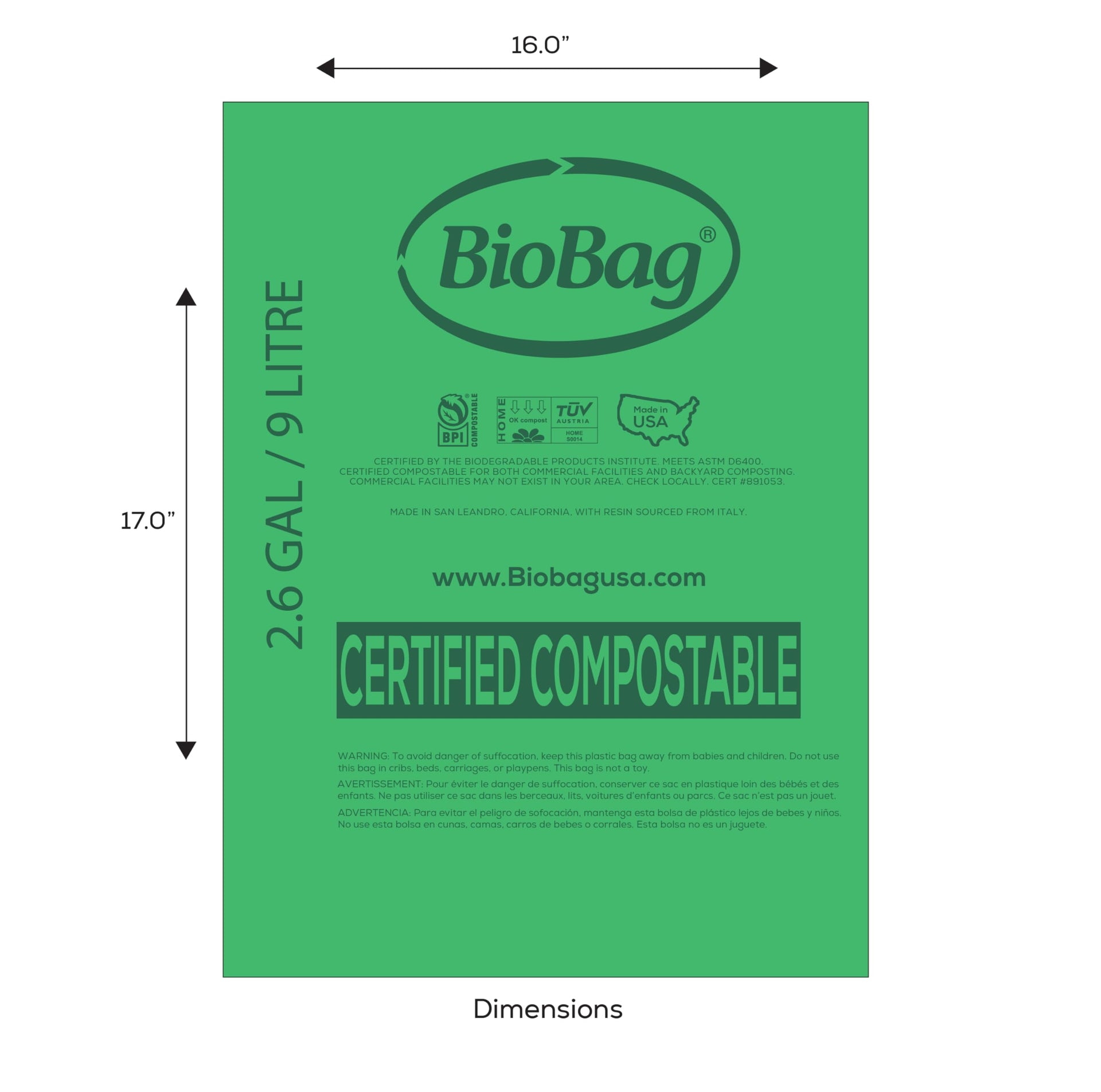 2.6 Gallon Compostable Food Scrap Bags by BioBag (100 Count)