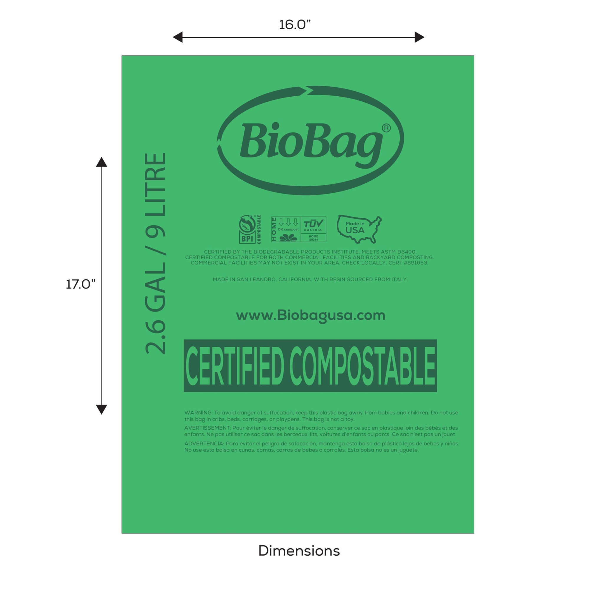2.6 Gallon Compostable Food Scrap Bags by BioBag (100 Count)
