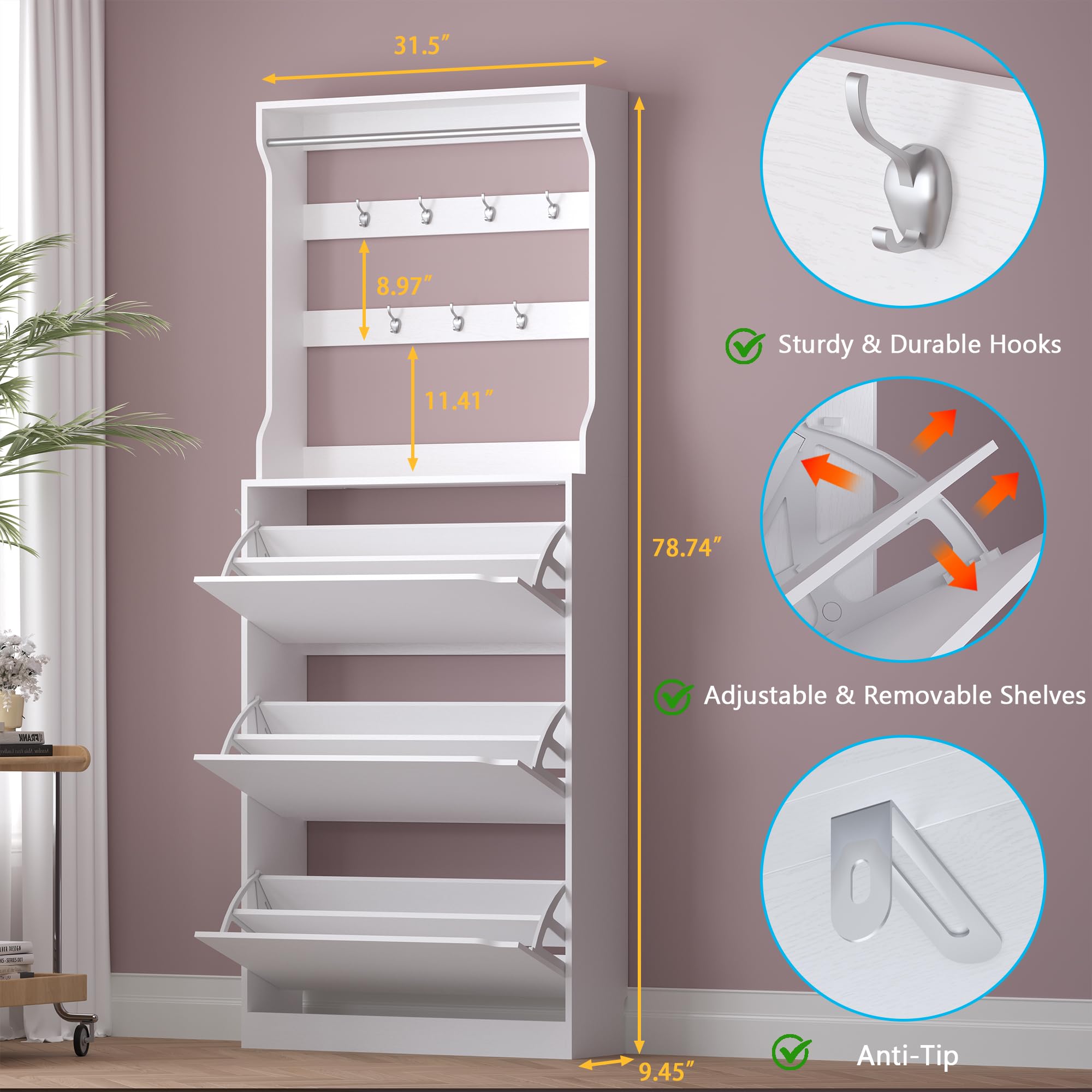 Shoe Cabinet with 3 Flip Drawers & Coat Rack