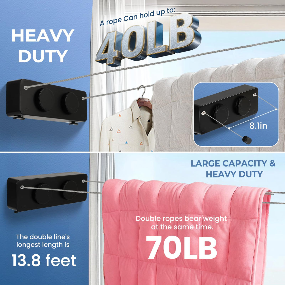 Retractable Clothesline Indoor Outside Heavy (13.8 Foot)