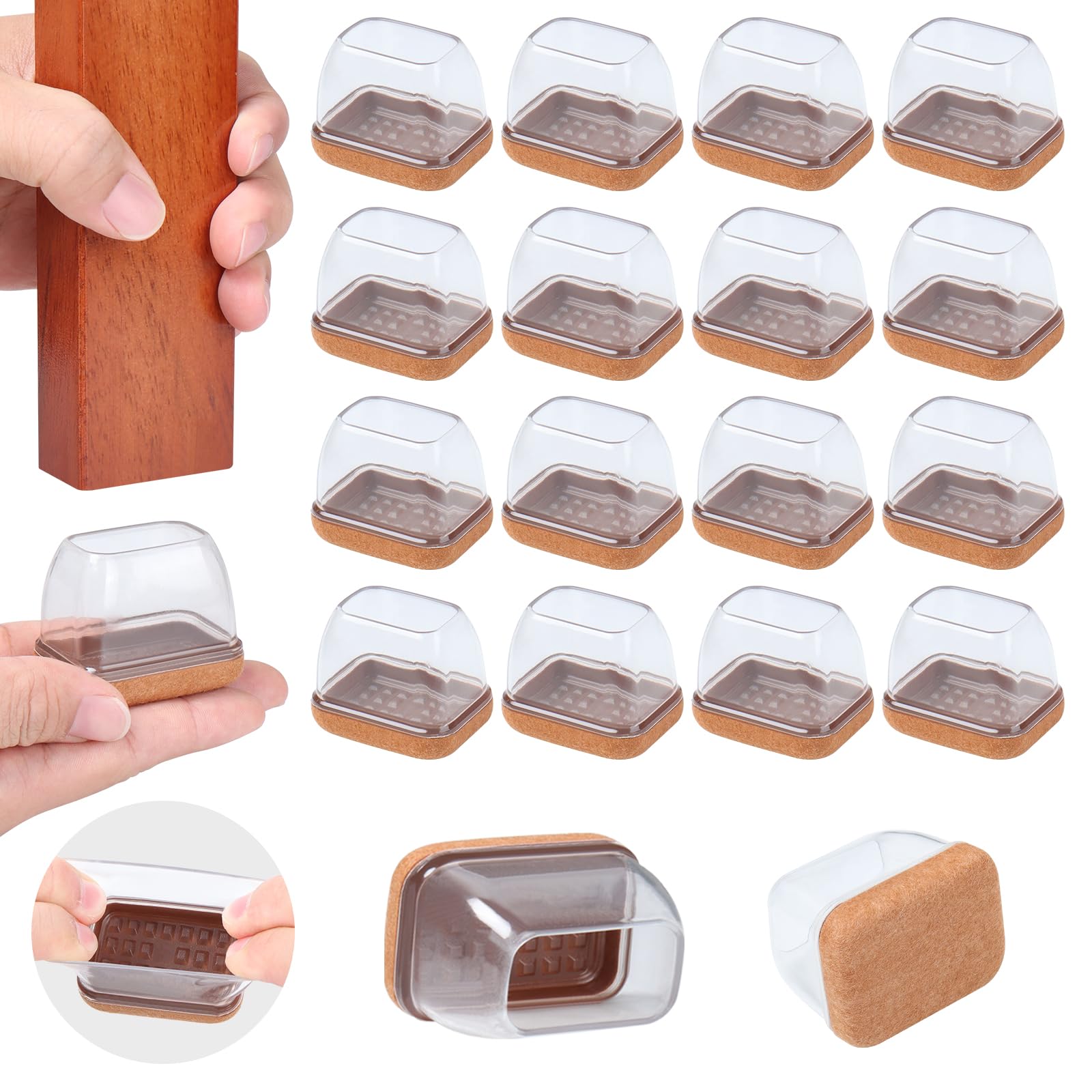 16 Pcs Rectangle Clear Silicone Chair Leg Floor Protectors with Felt (16 Count)