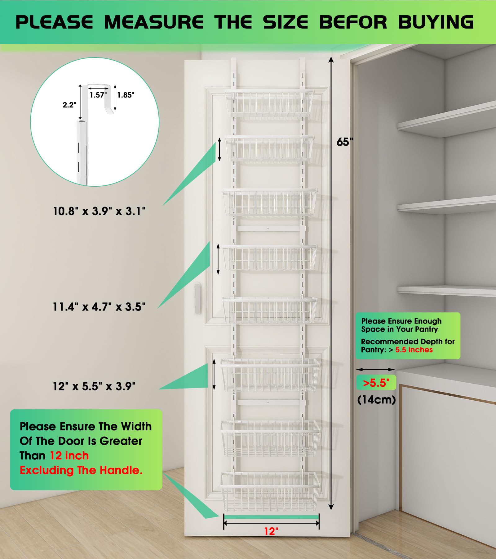 White 12 Inch Wide Narrow Over The Door Pantry Organizer
