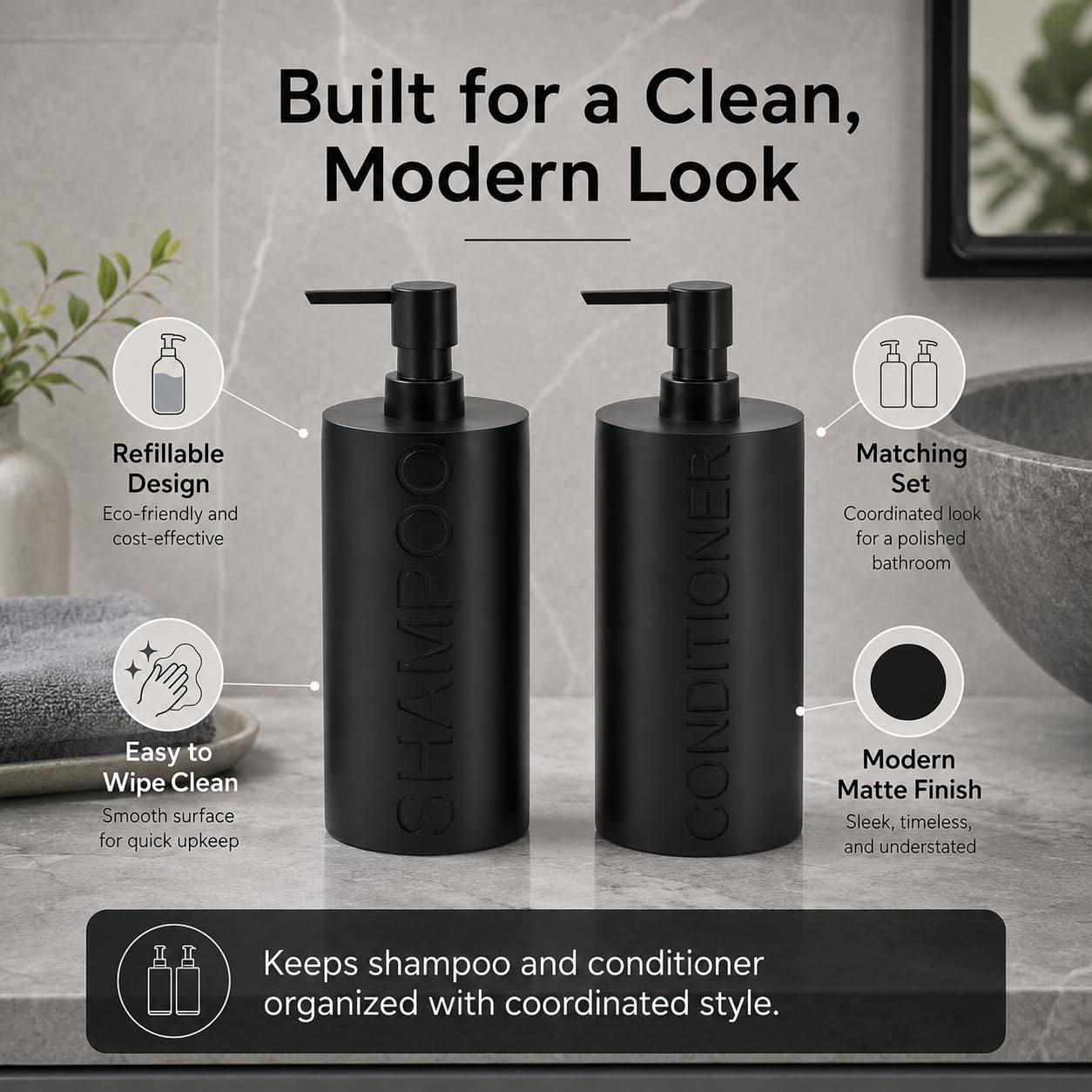 2 Pack Matte Black Resin Refillable Shampoo & Conditioner Bottles