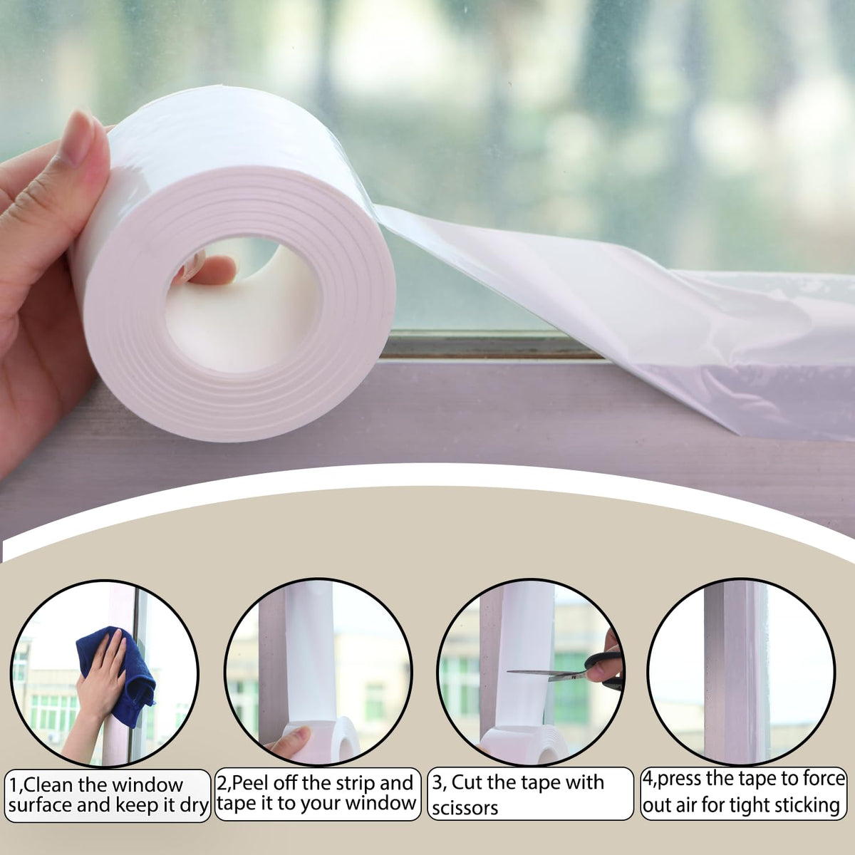 Window Insulation for Winter Weather Sealing Tape 2 Inch x 50 Yards Weather Stripping Residue Free Draft Isolation Sealing Film Tape for Shower Glass Gaps and Doors Windows (150 Foot)