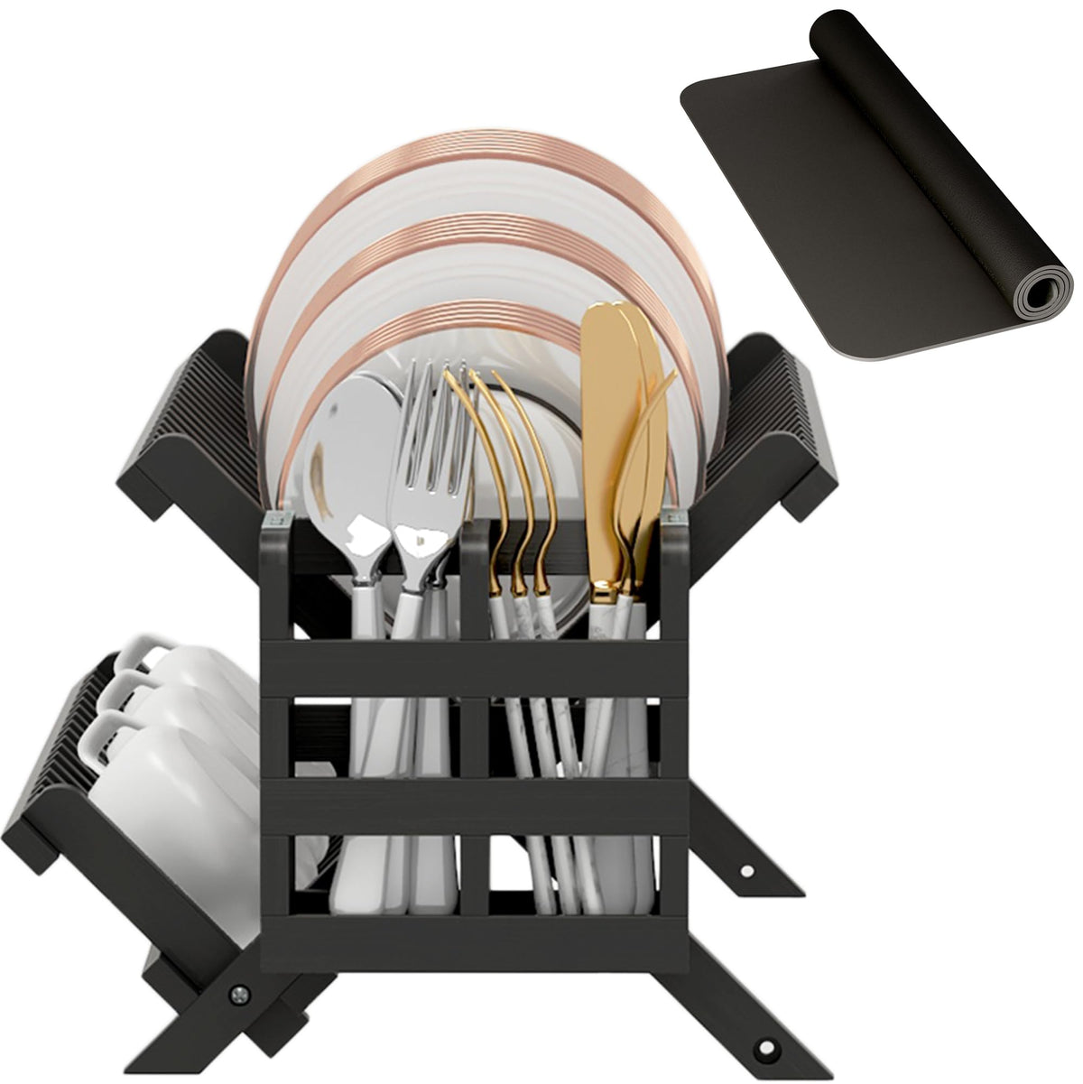 Black Bamboo Dish Drying Rack with Utensil Holder