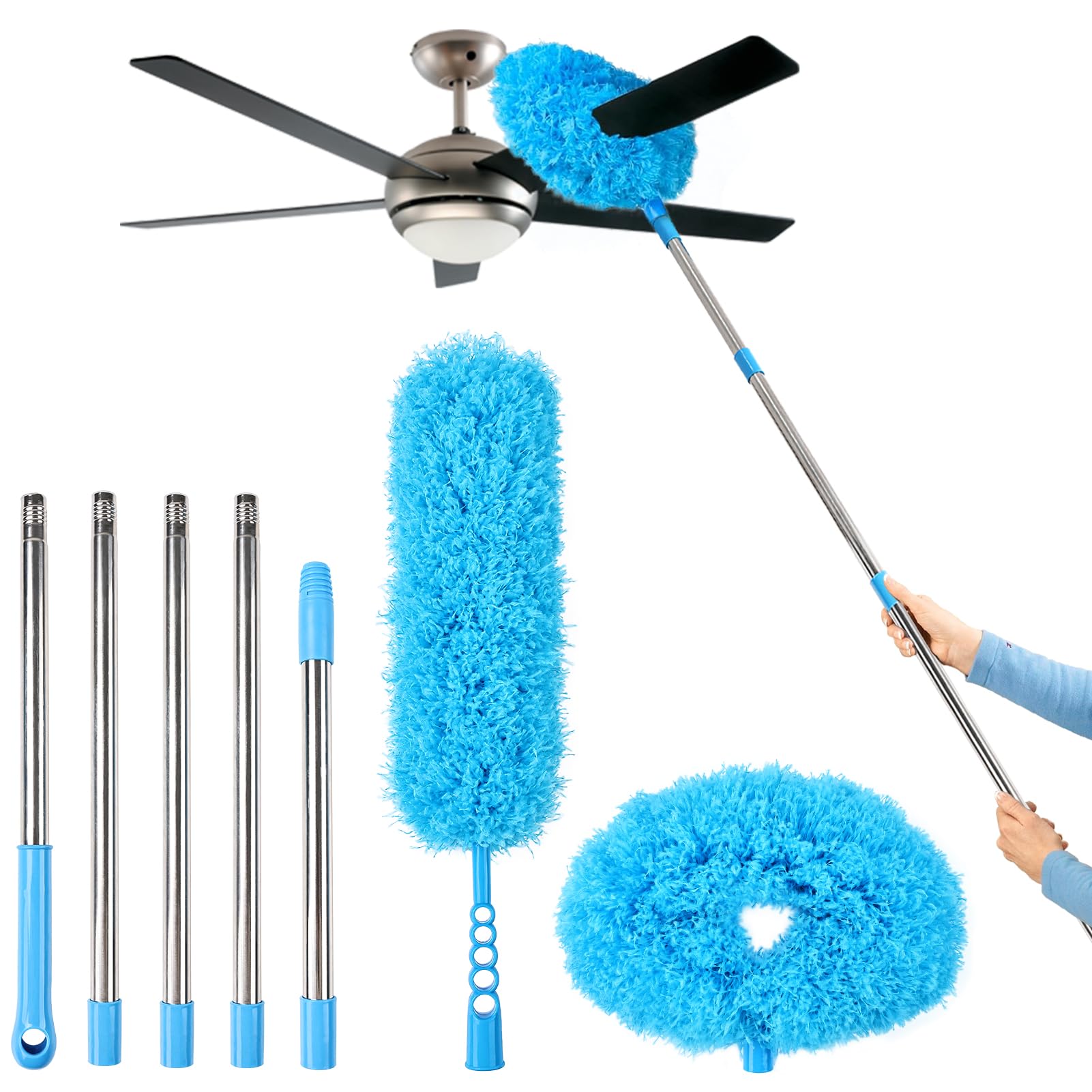 Ceiling Fan Cleaner Duster Reusable Microfiber Removable Duster with Extension Pole Adjusts 12 to 71 Inch for Cleaning Walls Bookshelves Furniture Door Window Top (2 Count)