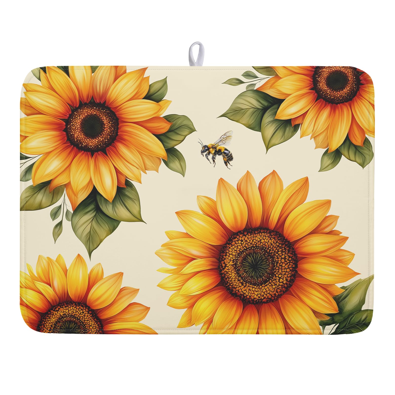 Sunflower Dish Drying Mat 18x24 Inch Absorbent Reversible Summer Drying Mat Sunflower Bee Dish Drying Rack Mat Yellow Summer Themed Dish Drainer Mat for Kitchen Counter Coffee Bar