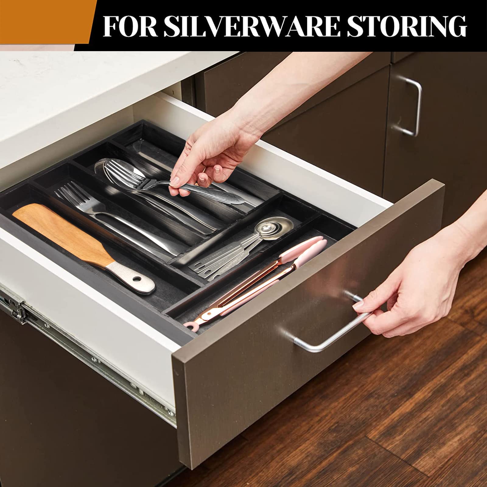 Wooden Cutlery Utensil Tray Black Kitchen Silverware Drawer Organizer Trays