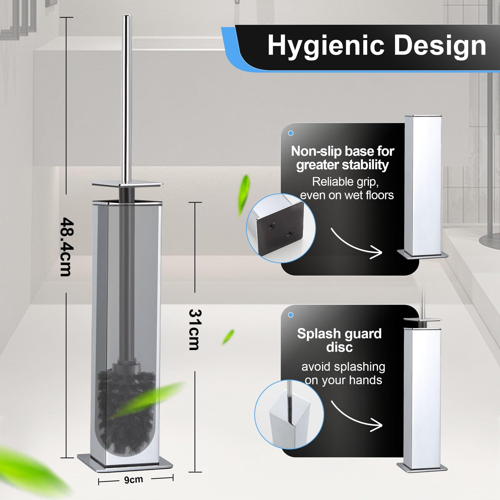 Toilet Brush and Holder Set Chrome Stainless Steel 304 Square Freestanding Toilet Brush for Bathroom