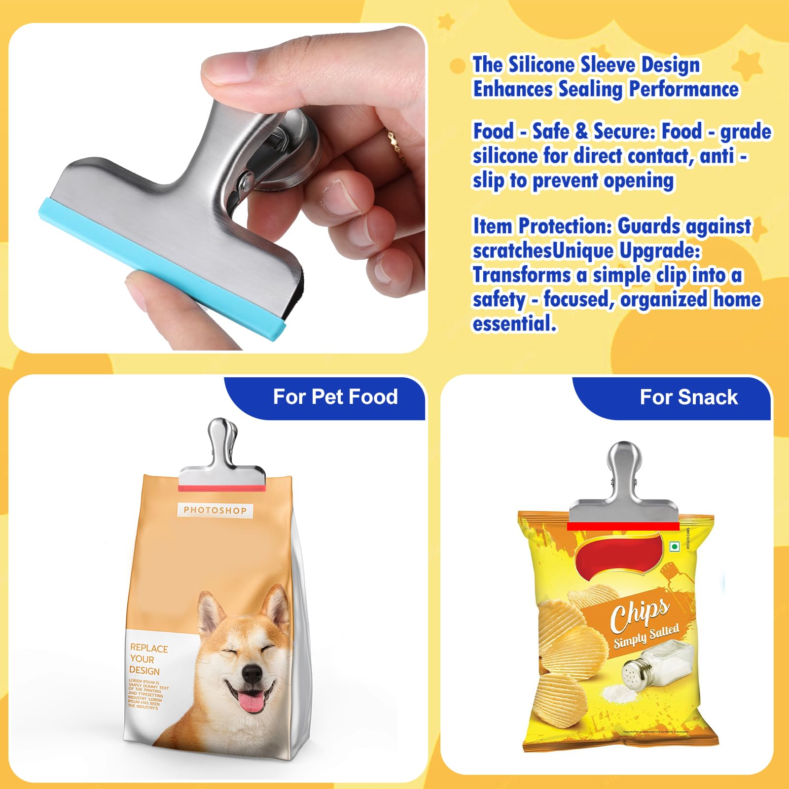 6 Pack Stainless Steel Chip Bag Clips Covered with Silicone (12 Count)