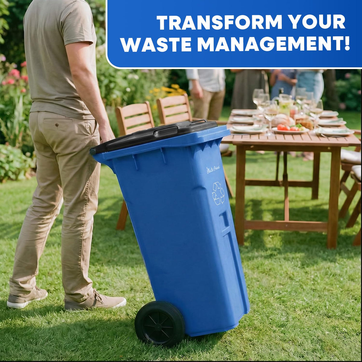 32 Gallon Trash Can Outdoor Recycling Bin with Lid and Wheels Heavy Duty Rolling Garbage Can with Lid Blue Recycle Trash Can with Wheels for Warehouse Hospital Restaurant Office