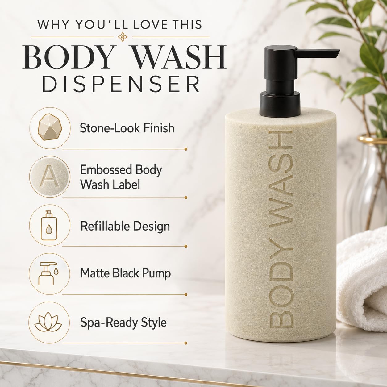 Resin Tan Sandstone Body Wash Engraved Bottle Refillable Pump Dispenser