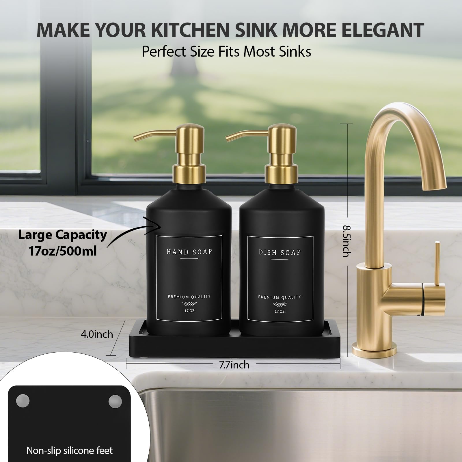 Black Glass Kitchen Hand and Dish Soap Dispenser Set (2 Count)