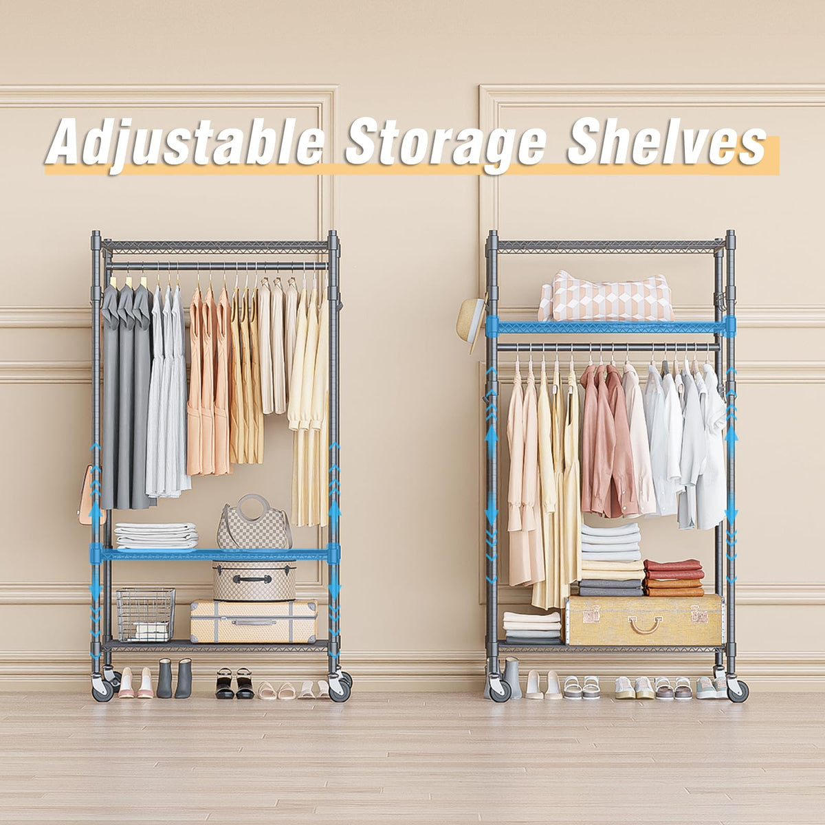 Narrow Rolling Garment Rack with Double Rods and 3 Adjustable Shelves